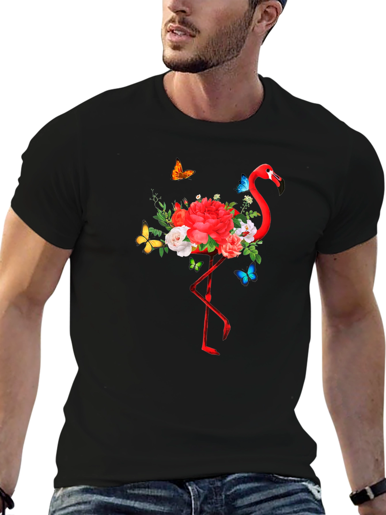 Flamingo Floral Graphic Print Black T-Shirt