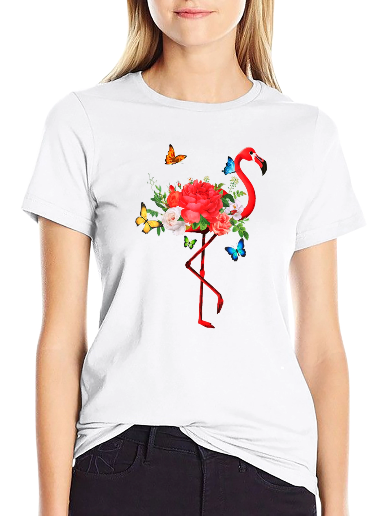 Flamingo Floral Graphic Print Black T-Shirt
