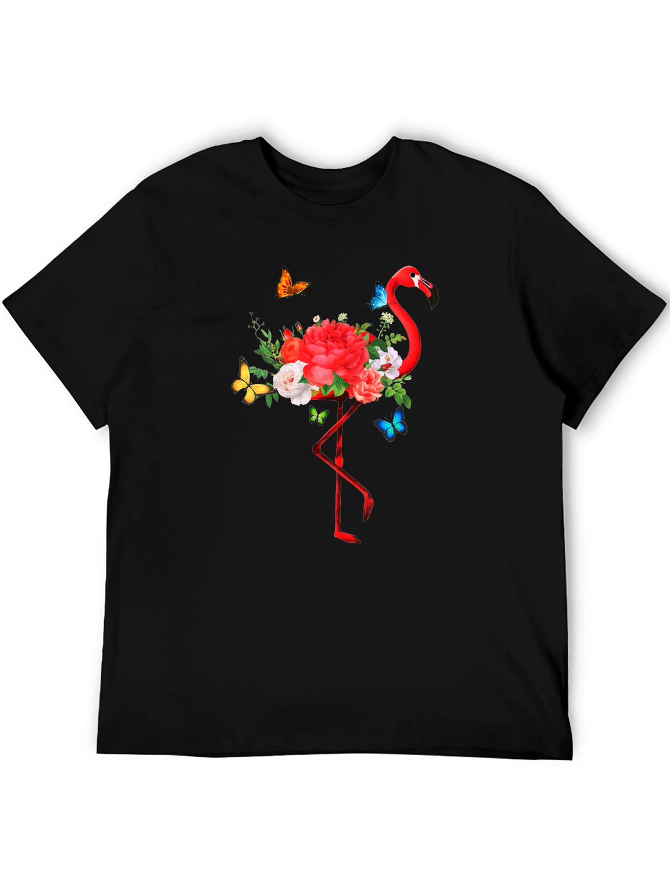 Flamingo Floral Graphic Print Black T-Shirt