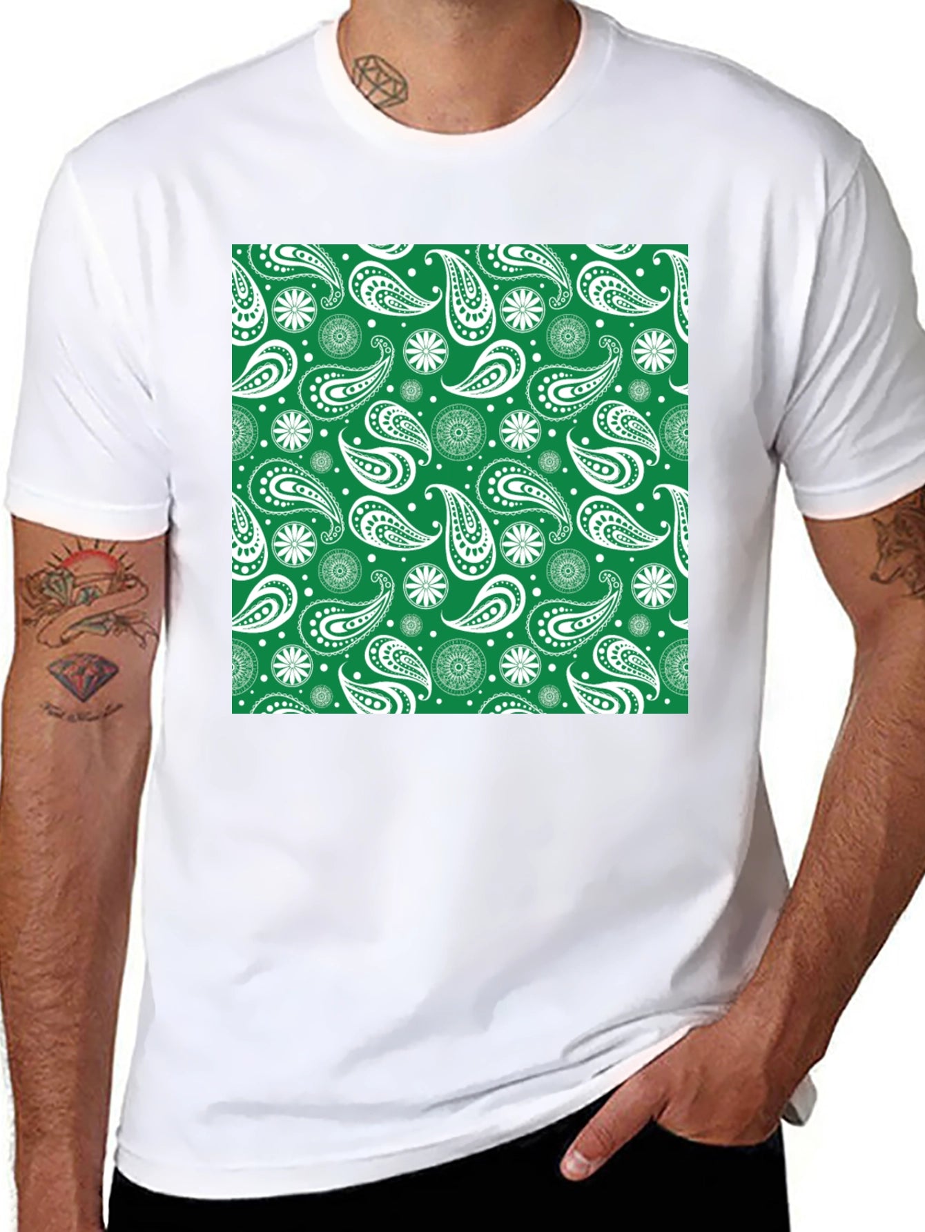 Paisley Patterned T-Shirt - Green & White Design
