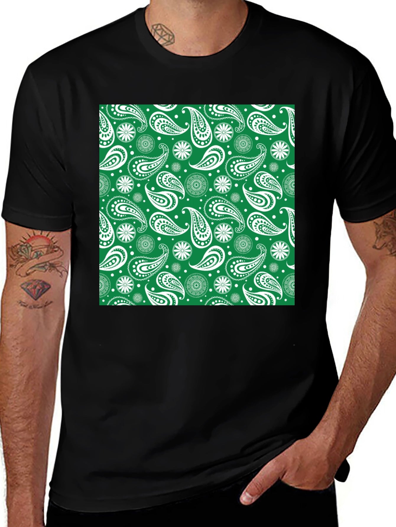 Paisley Patterned T-Shirt - Green & White Design