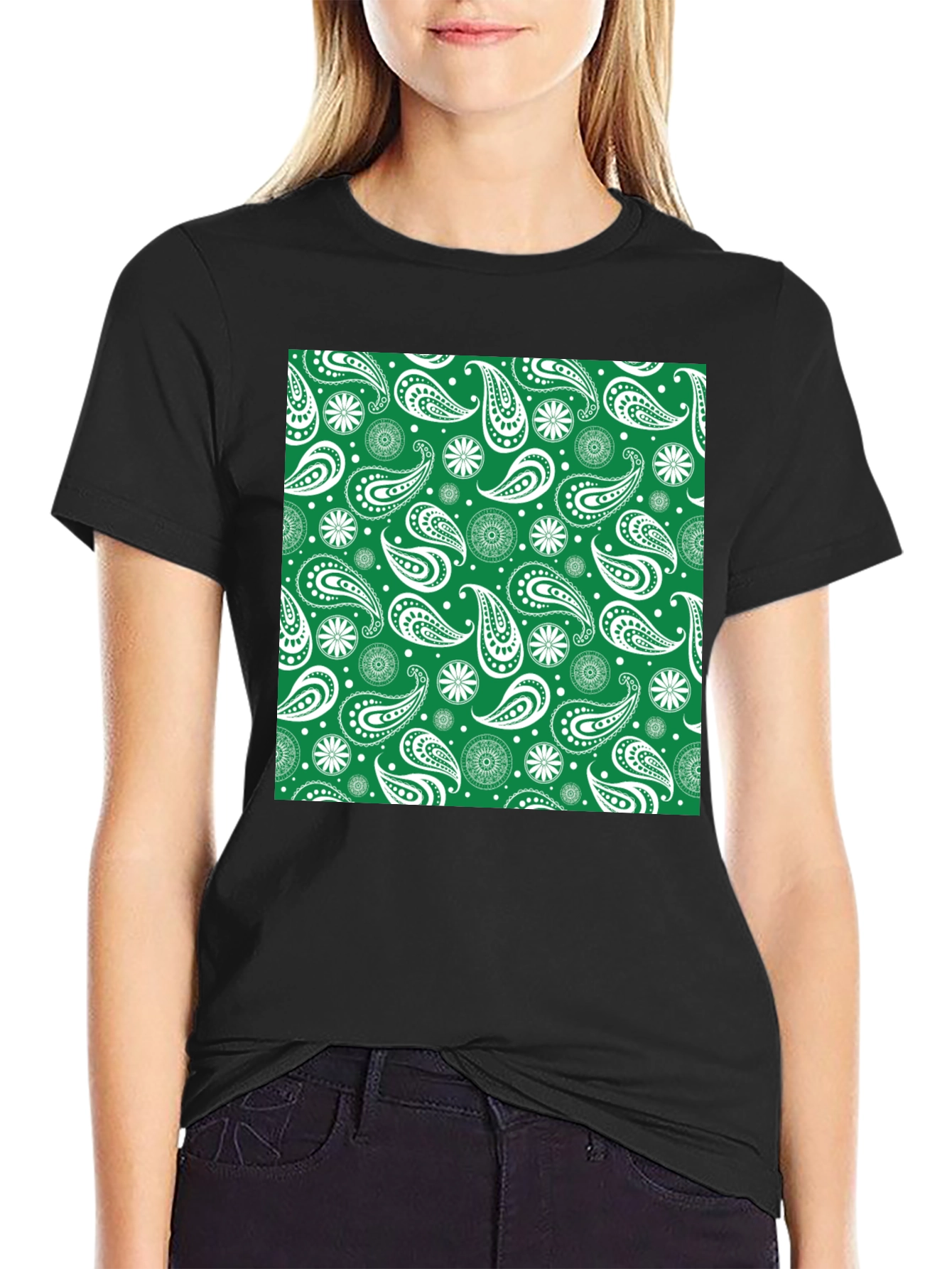 Paisley Patterned T-Shirt - Green & White Design