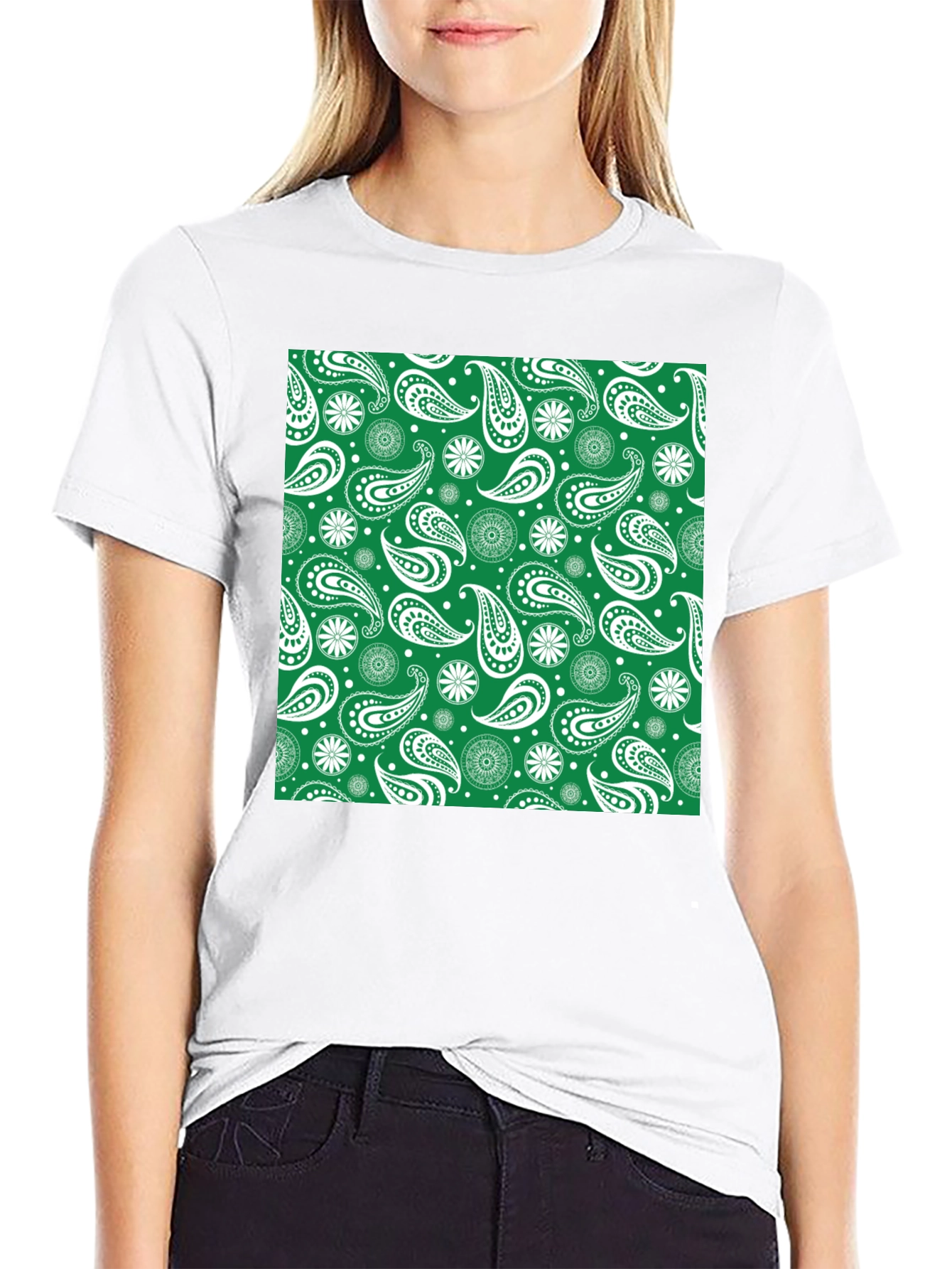 Paisley Patterned T-Shirt - Green & White Design