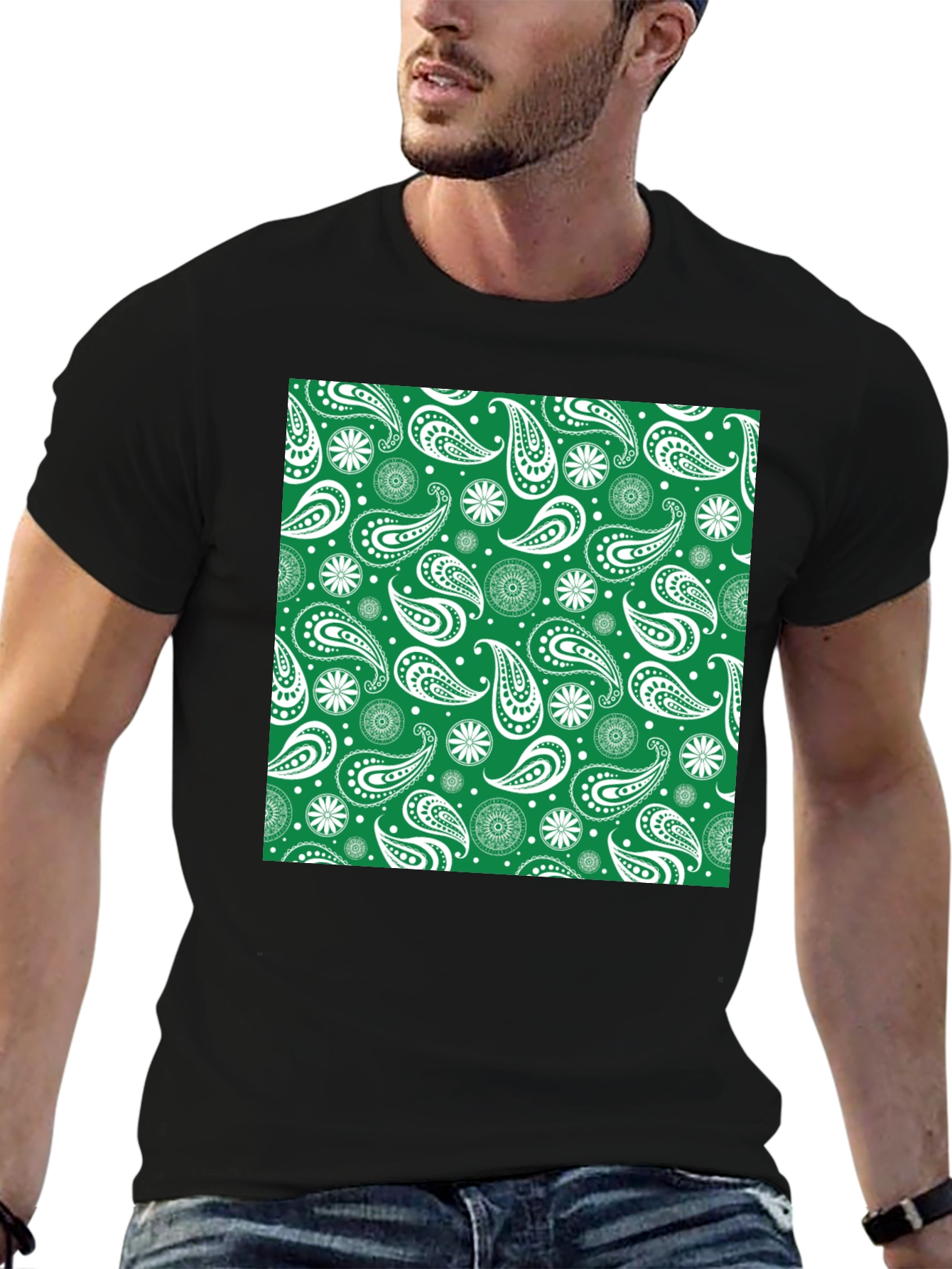 Paisley Patterned T-Shirt - Green & White Design