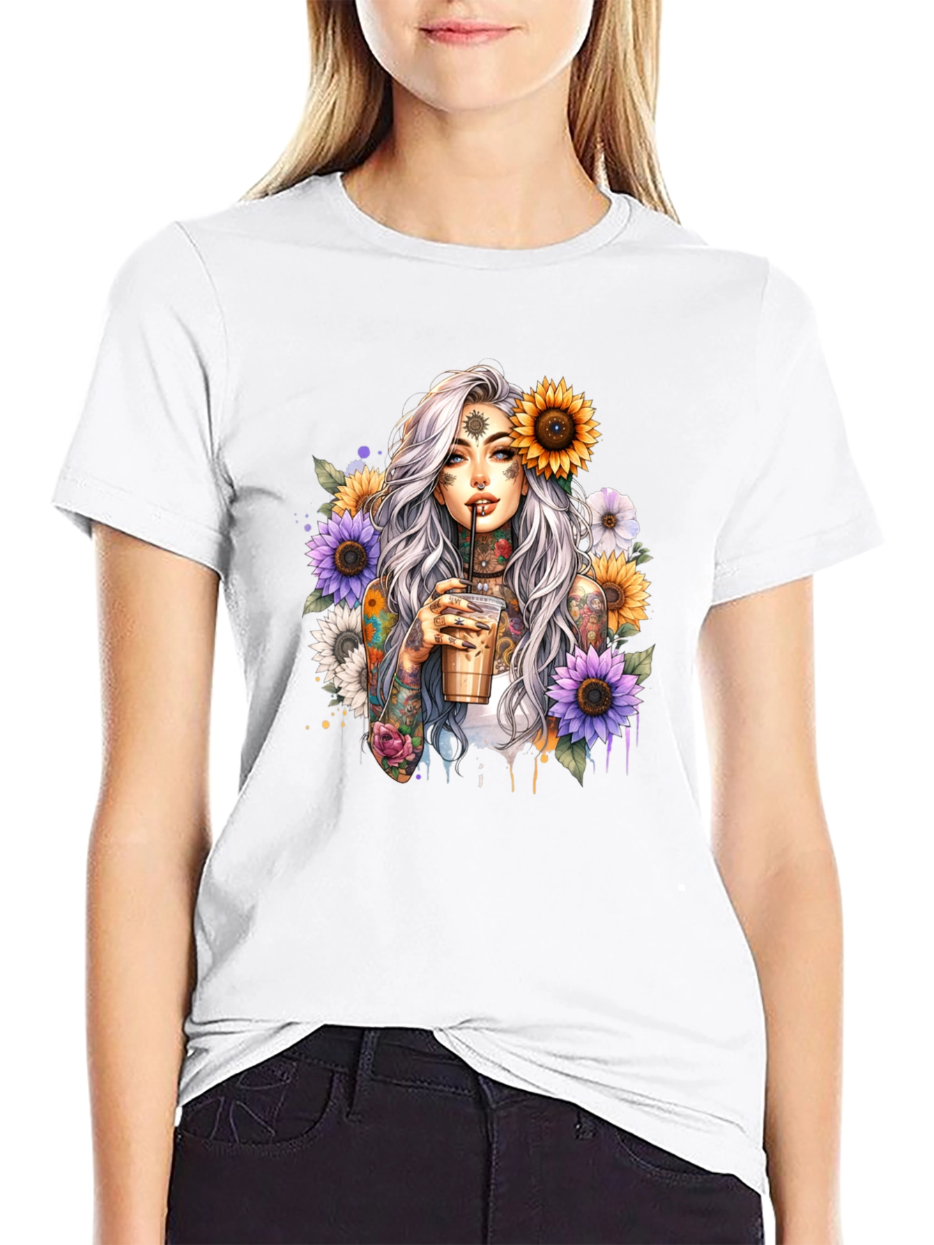 Tattooed Woman & Sunflower Graphic Tee - Black