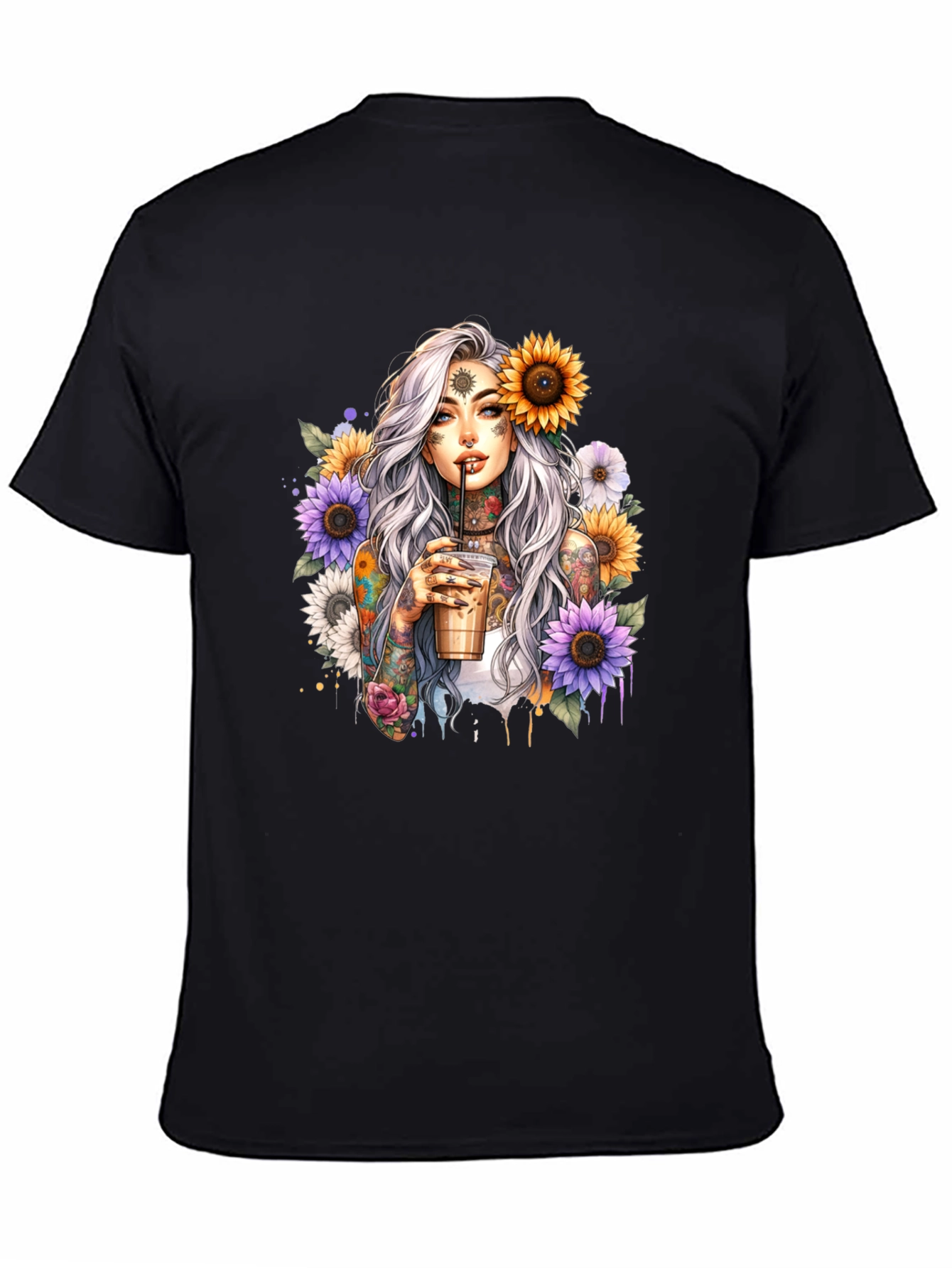 Tattooed Woman & Sunflower Graphic Tee - Black