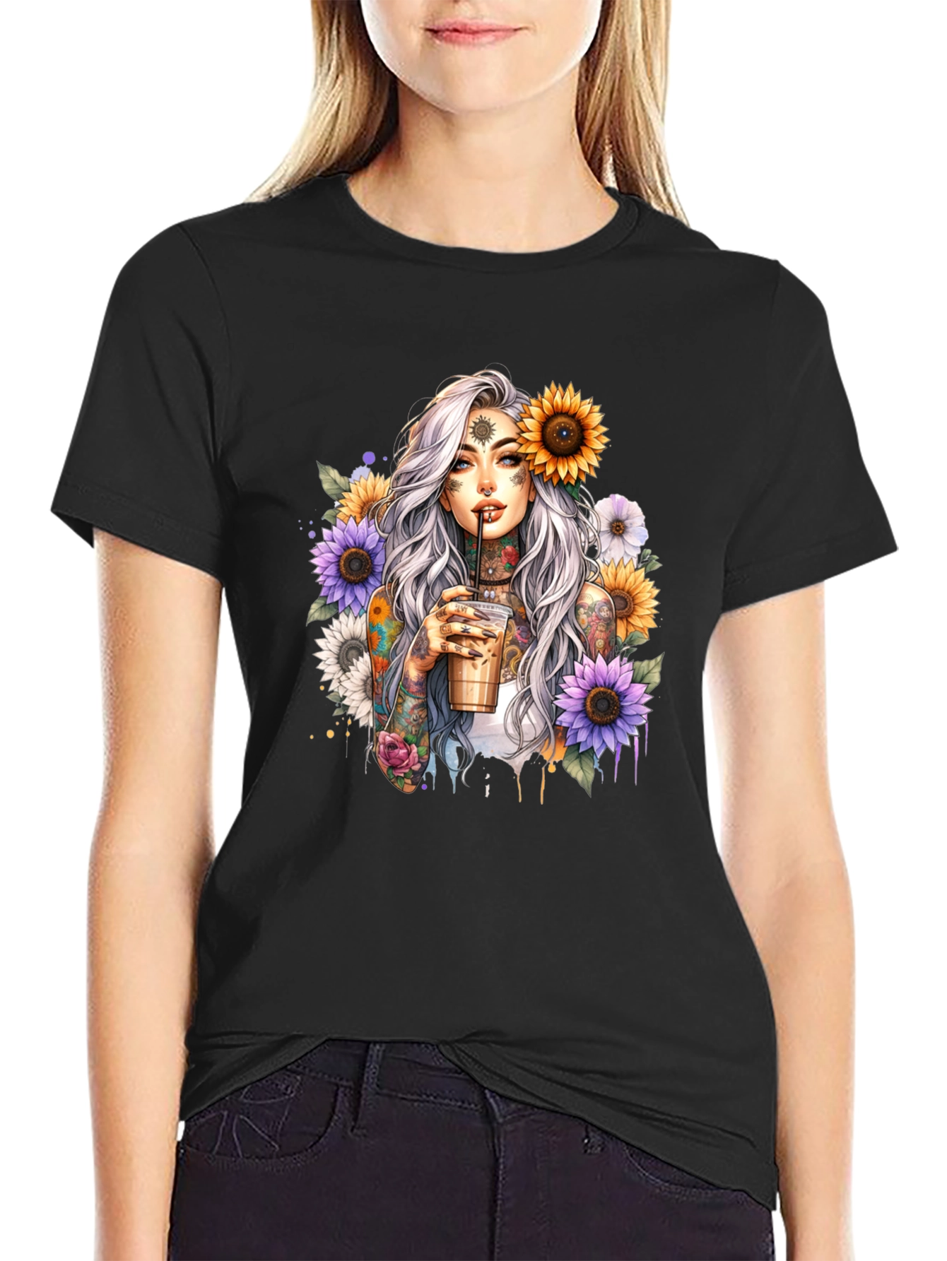Tattooed Woman & Sunflower Graphic Tee - Black
