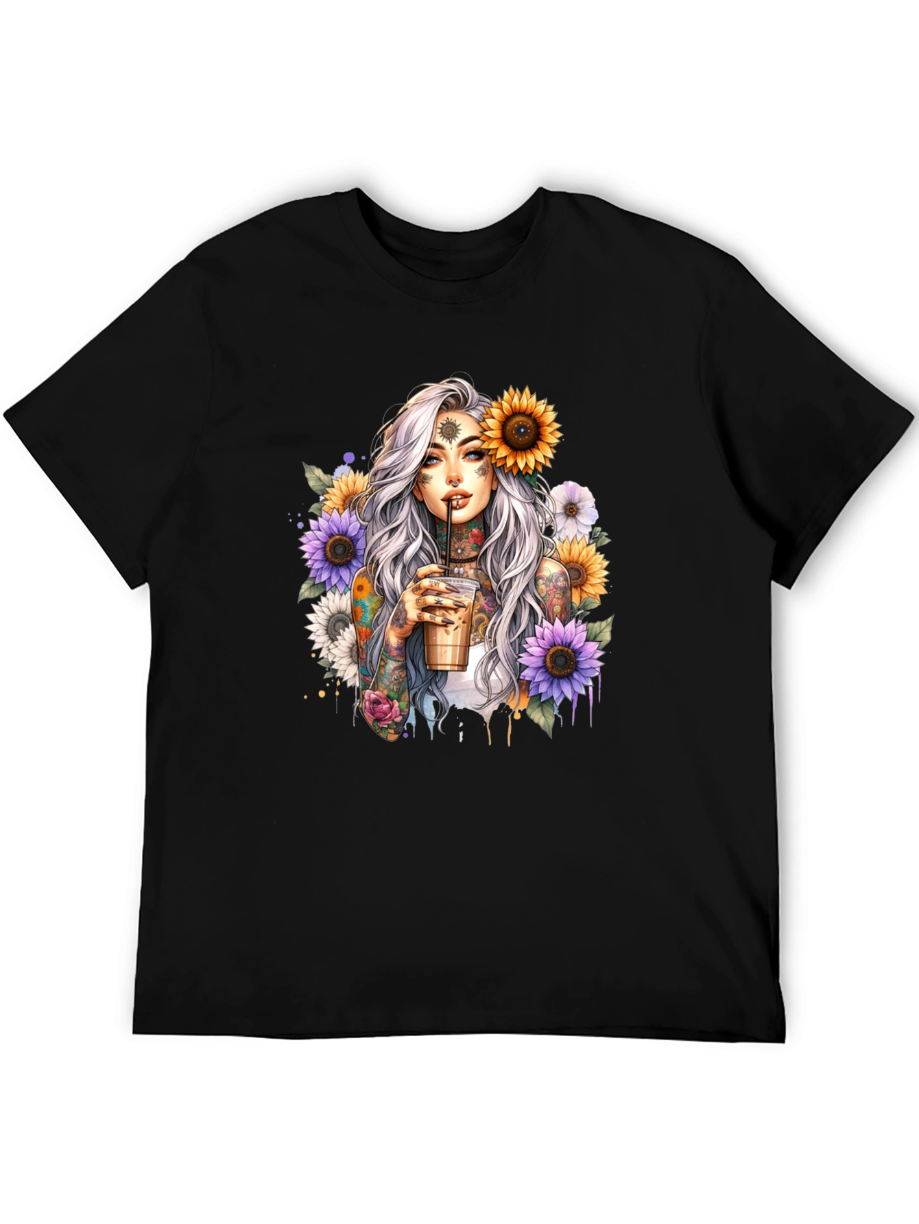 Tattooed Woman & Sunflower Graphic Tee - Black