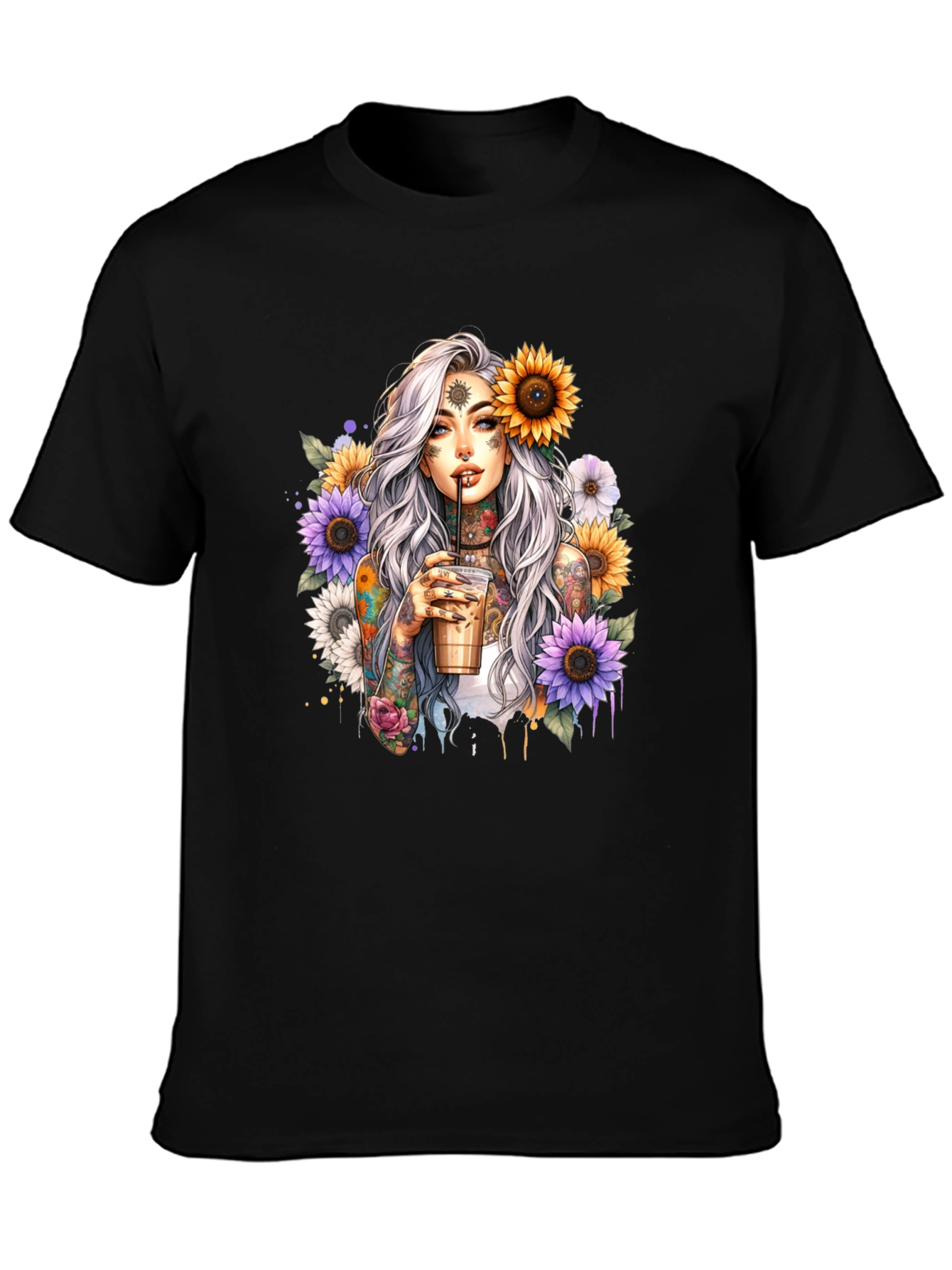 Tattooed Woman & Sunflower Graphic Tee - Black