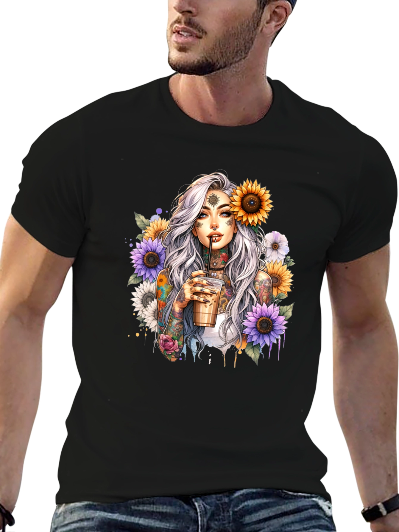 Tattooed Woman & Sunflower Graphic Tee - Black