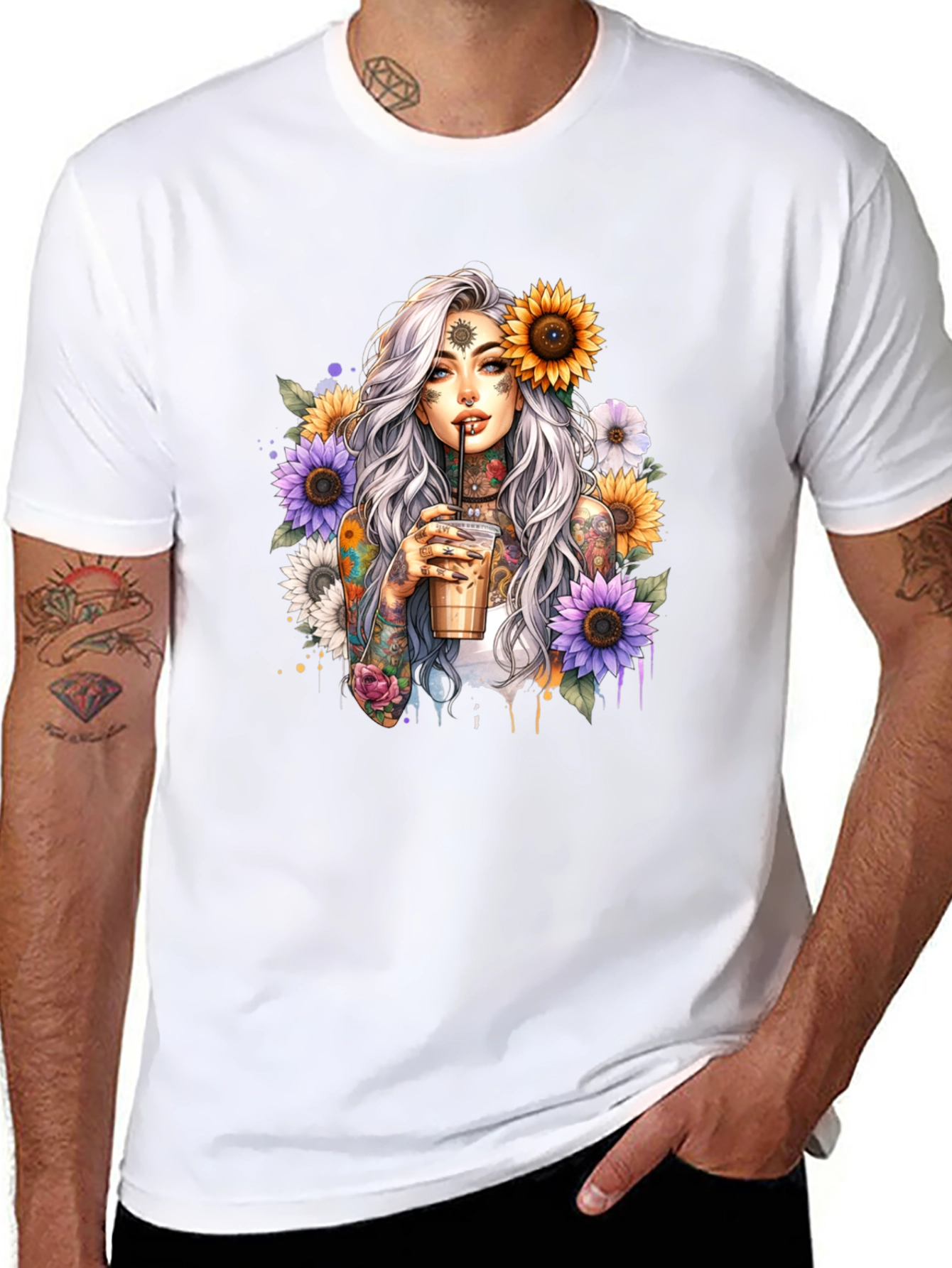 Tattooed Woman & Sunflower Graphic Tee - Black