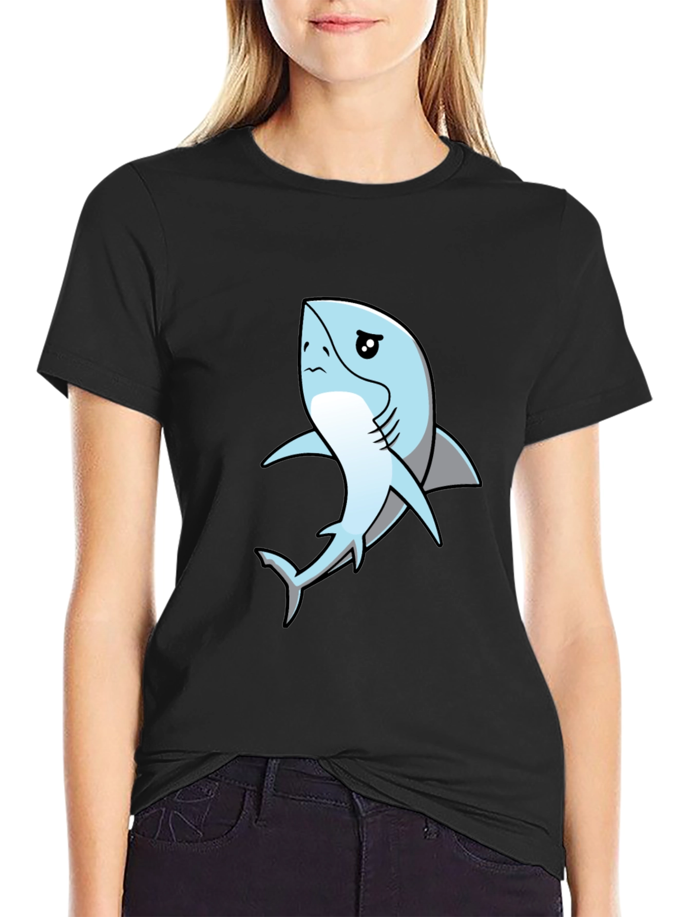 Sad Shark Graphic Black T-Shirt