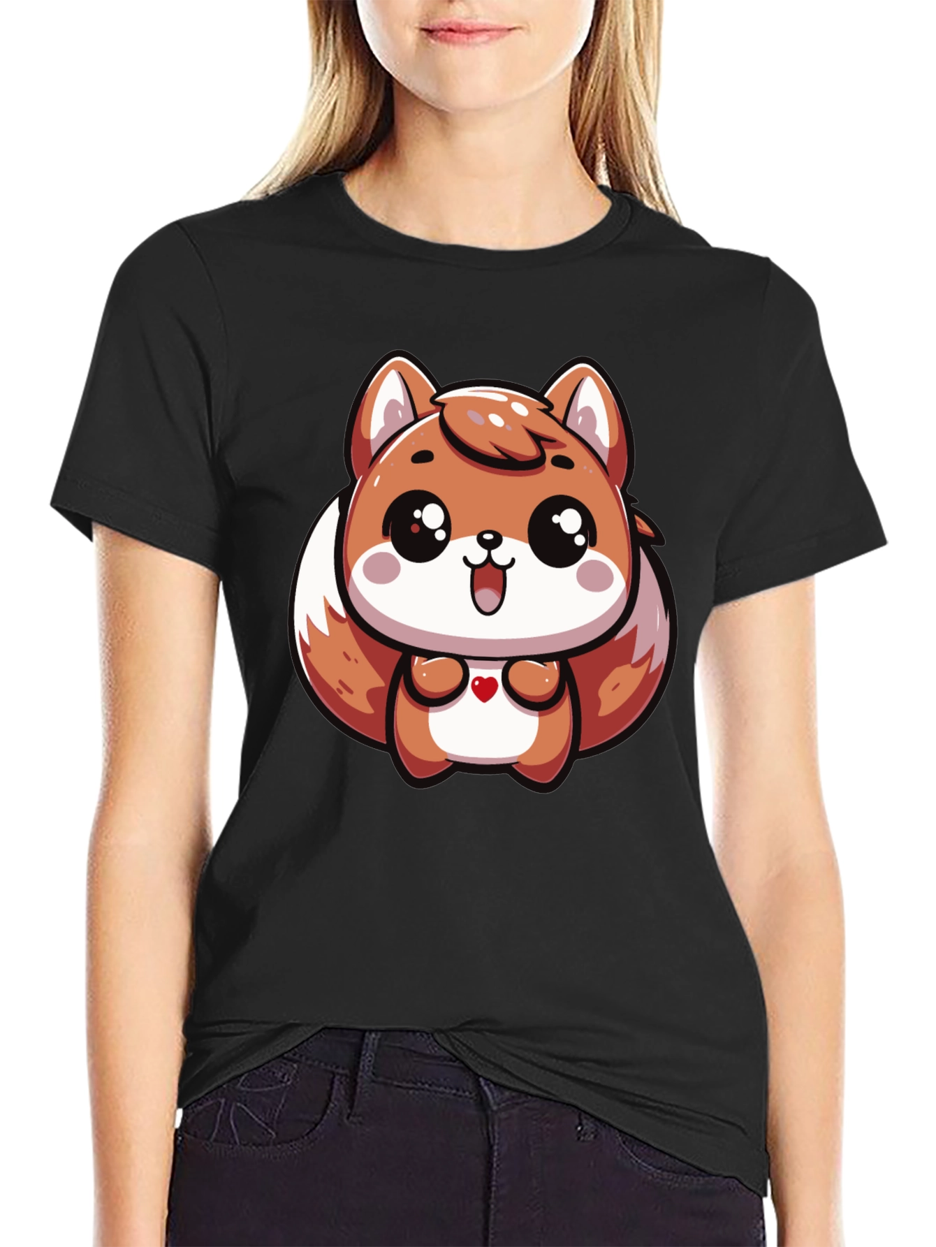 Cute Cartoon Squirrel Graphic Black T-Shirt