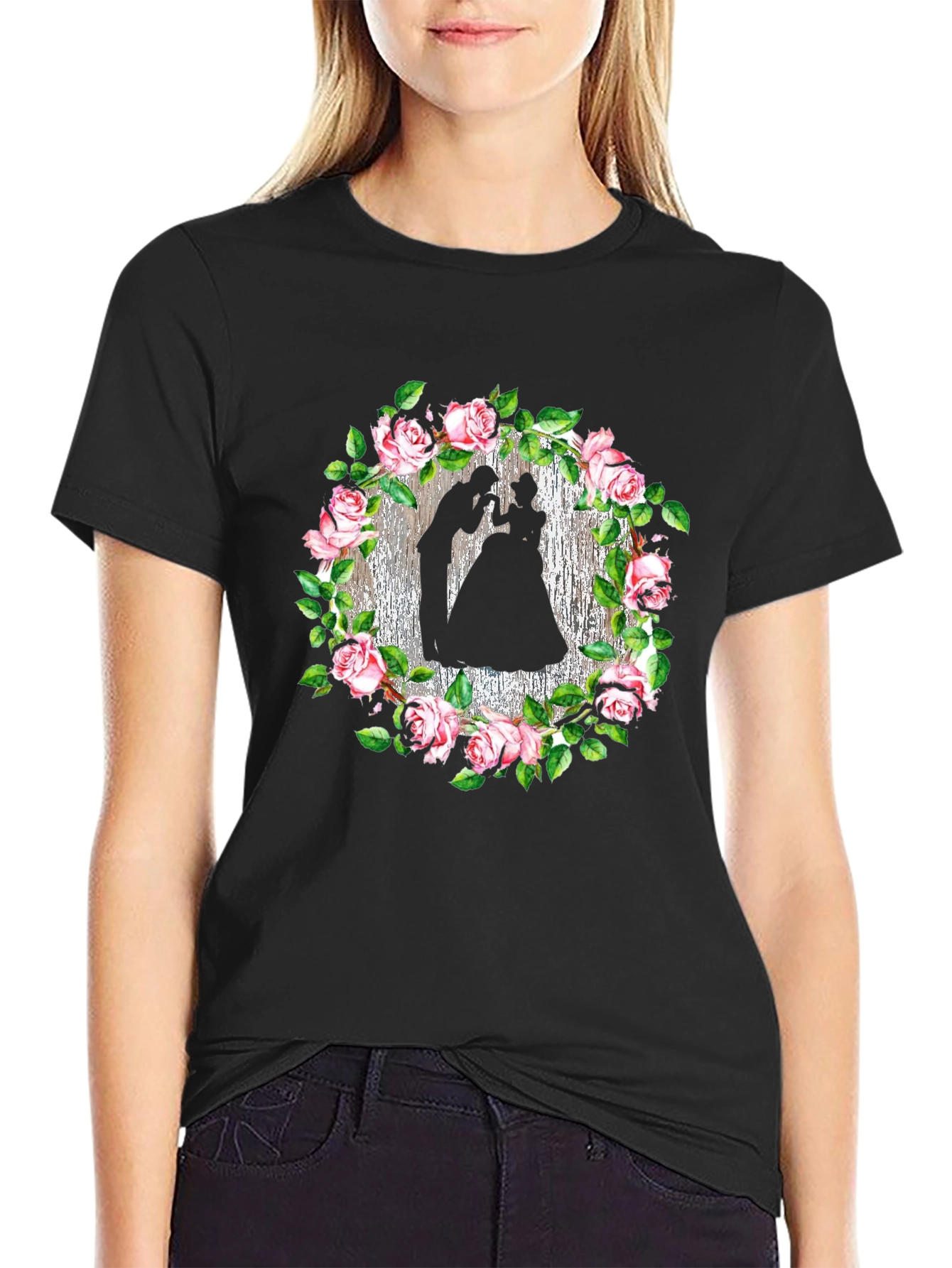 Romantic Rose Silhouette Black T-Shirt