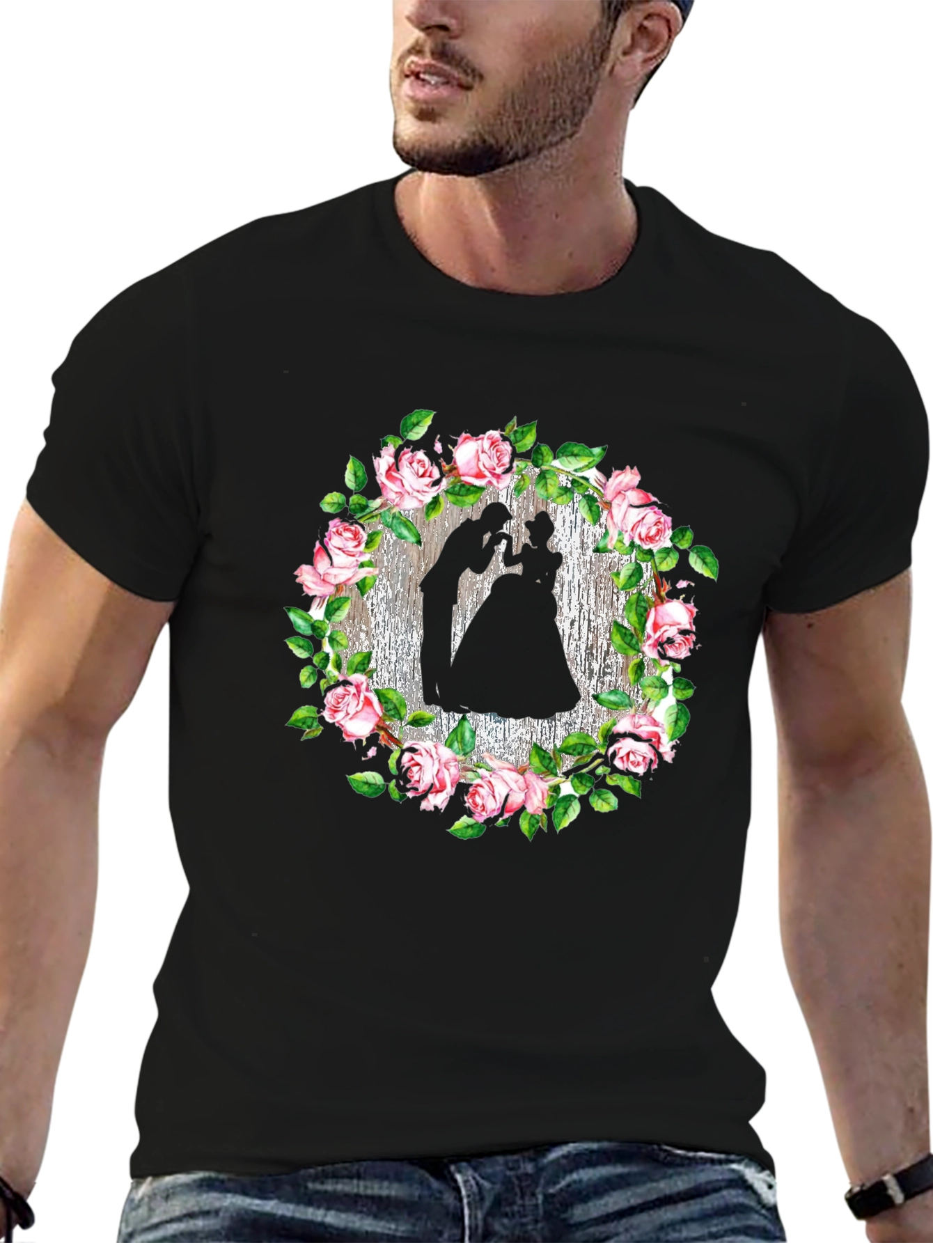 Romantic Rose Silhouette Black T-Shirt