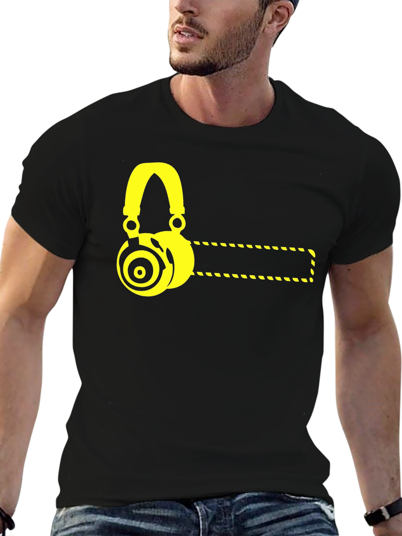 Black T-Shirt with Yellow Headphone Graphic