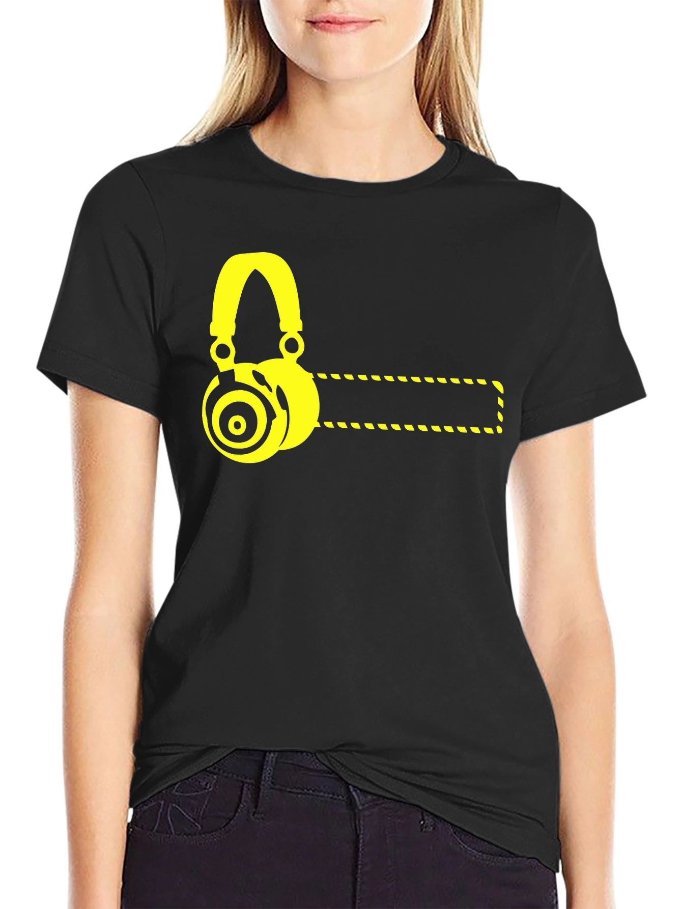 Black T-Shirt with Yellow Headphone Graphic