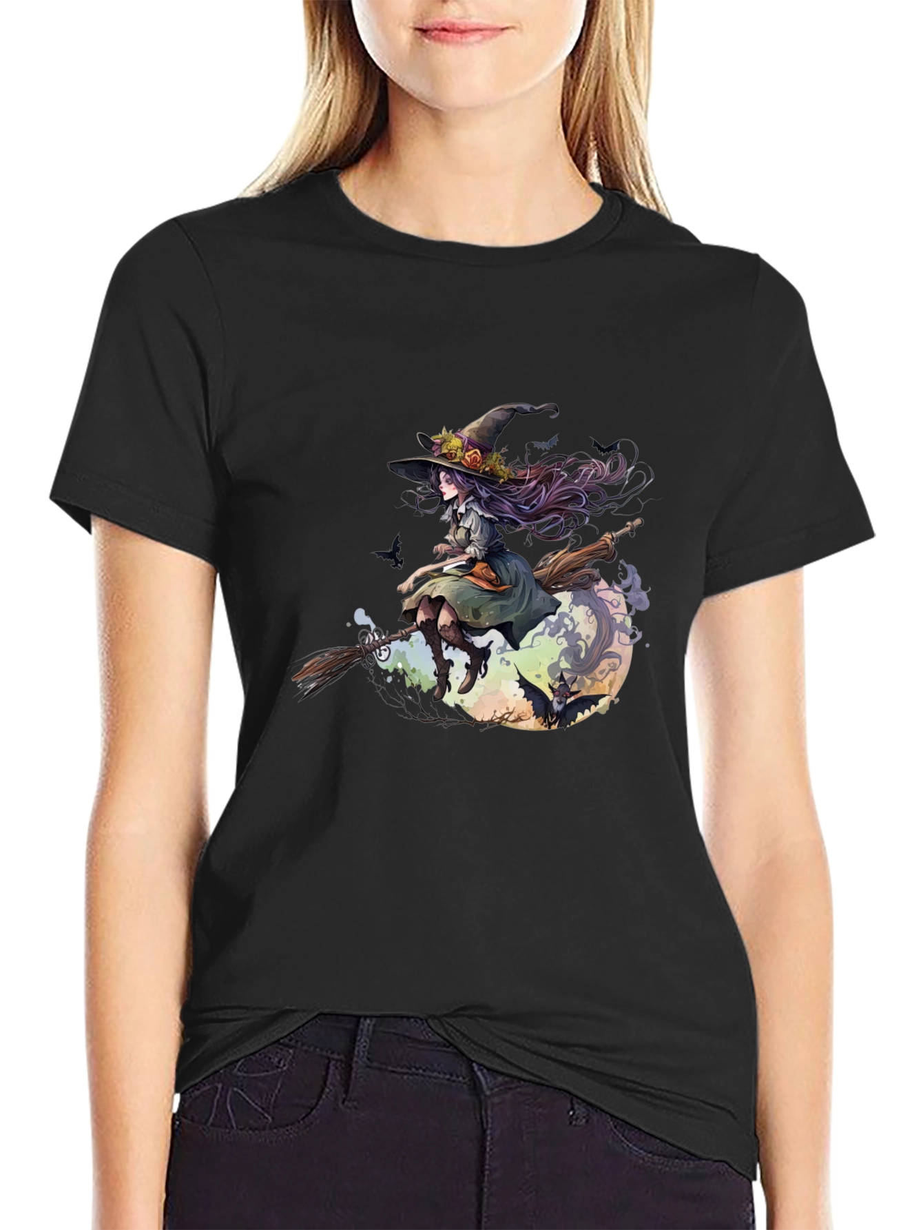 Witch on Broomstick Graphic Tee - Halloween Style