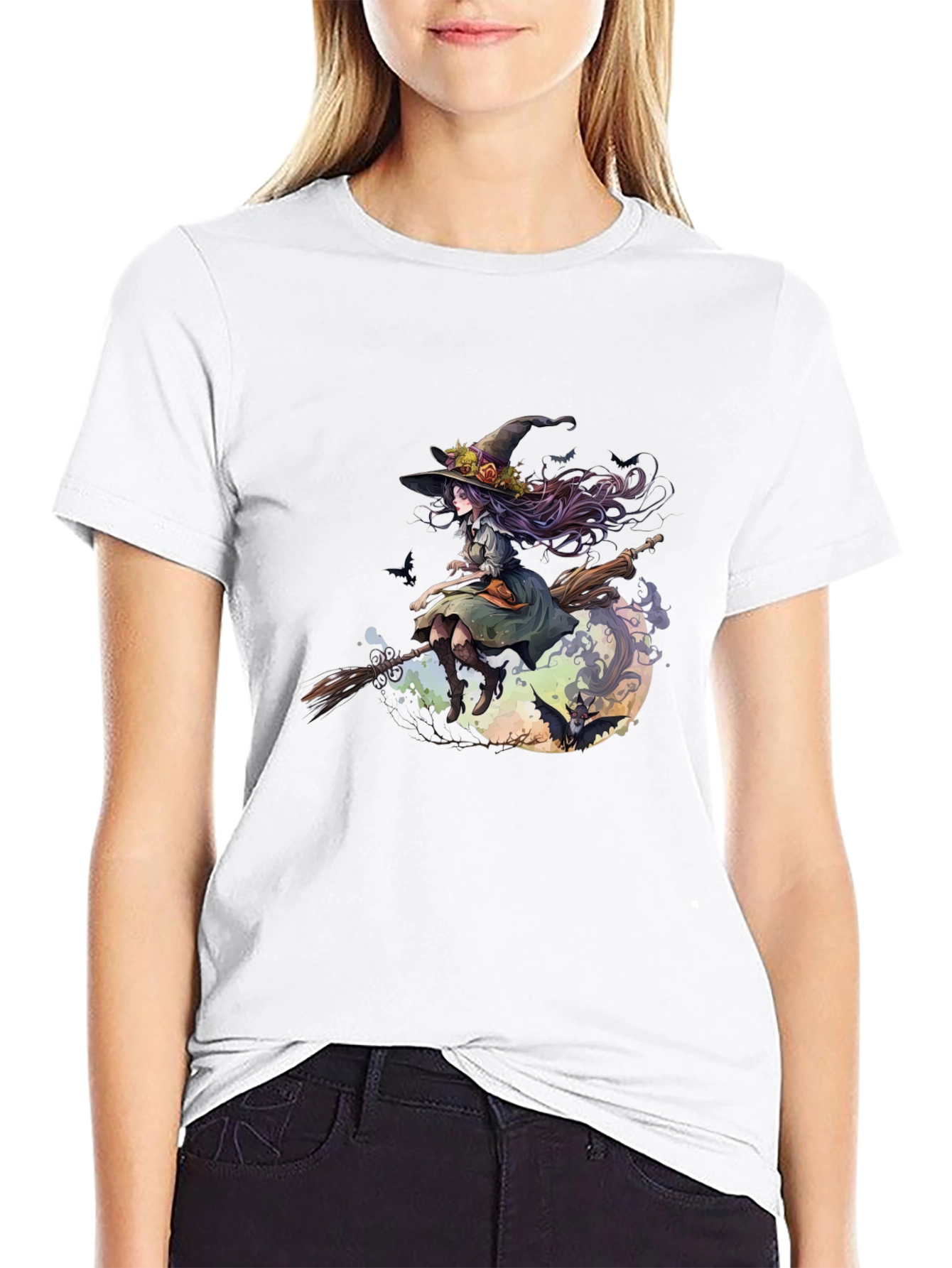 Witch on Broomstick Graphic Tee - Halloween Style