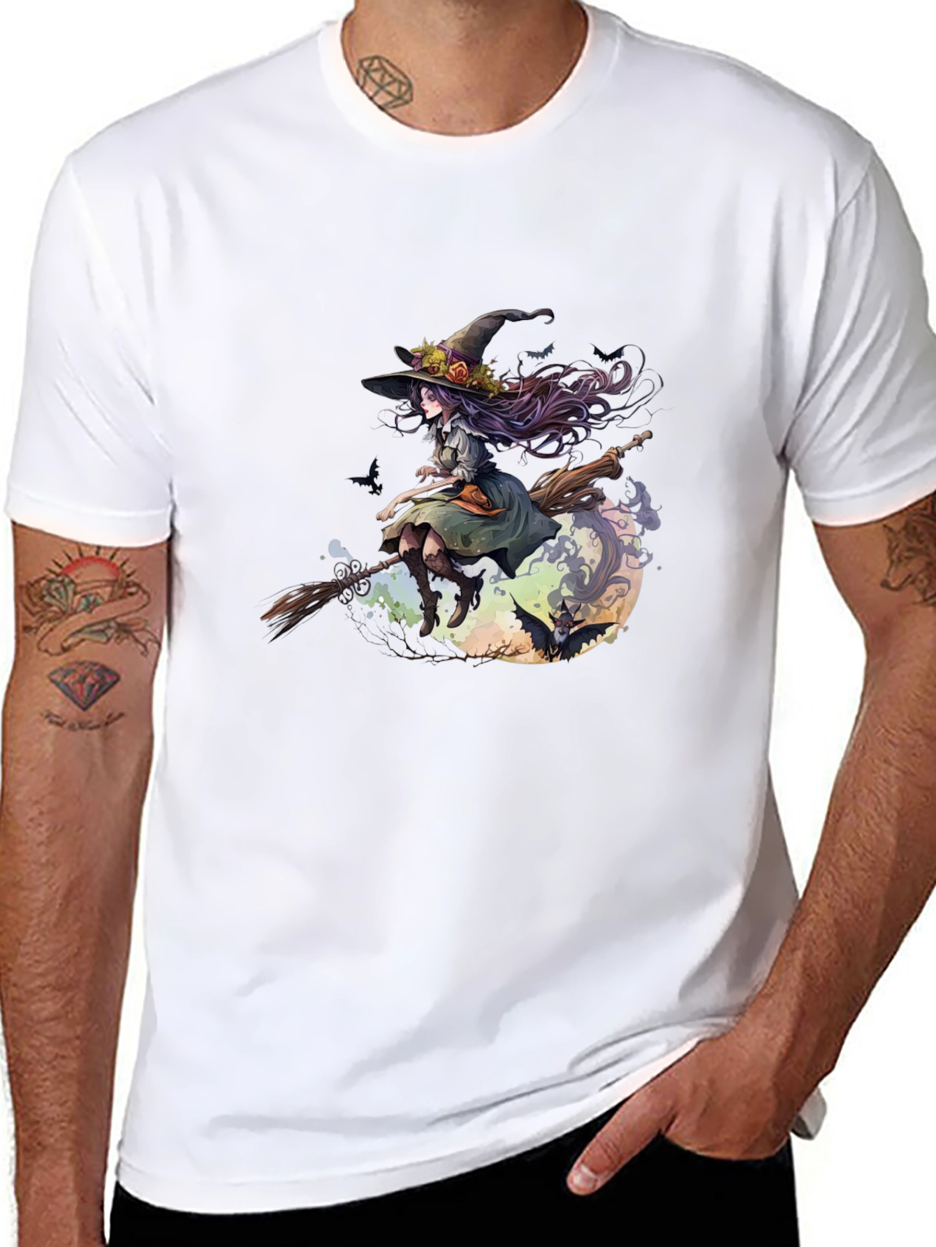 Witch on Broomstick Graphic Tee - Halloween Style