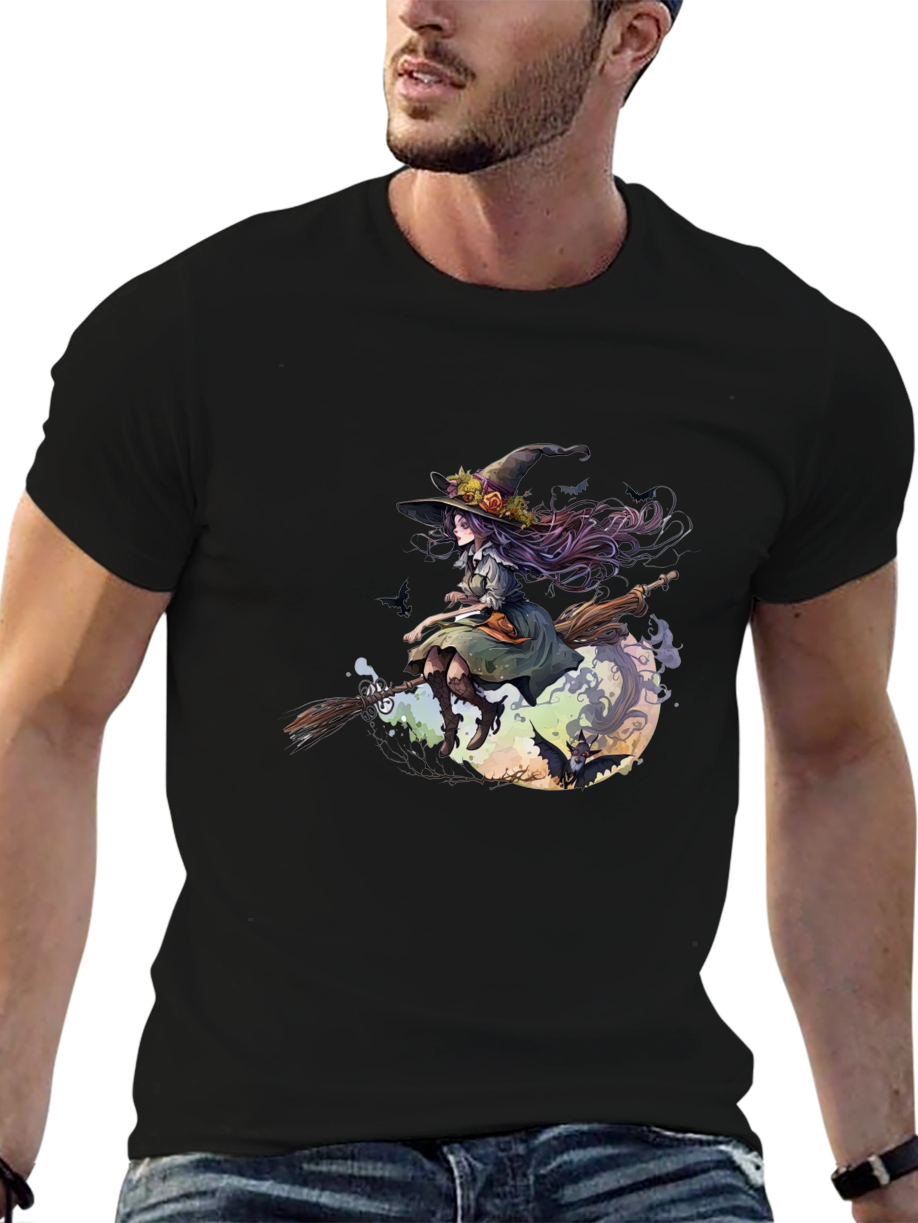 Witch on Broomstick Graphic Tee - Halloween Style