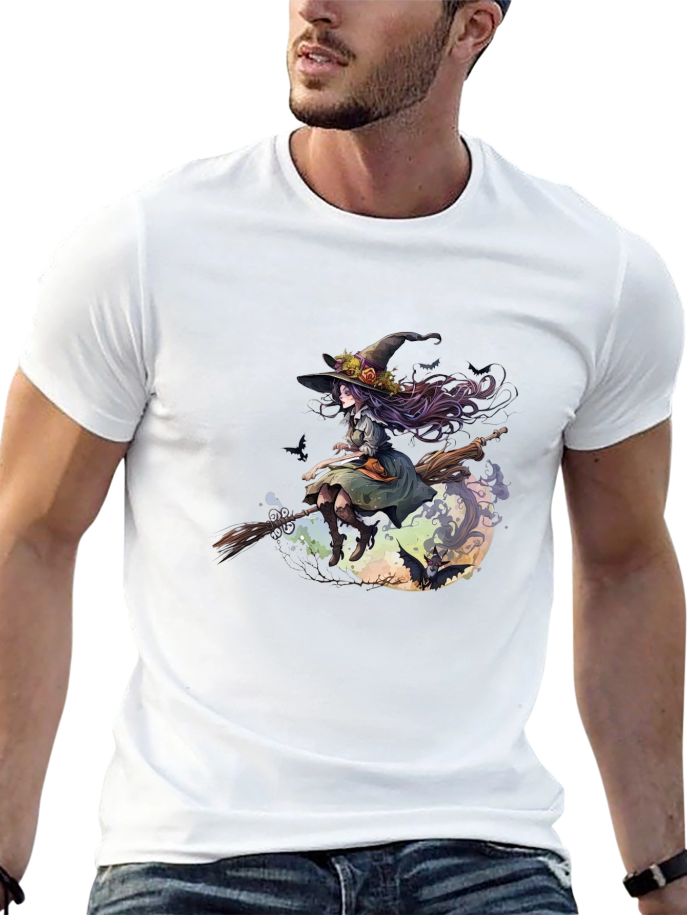 Witch on Broomstick Graphic Tee - Halloween Style