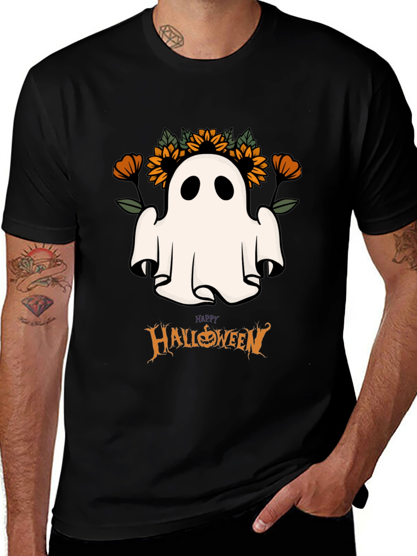 Halloween Ghost & Sunflower Graphic Tee