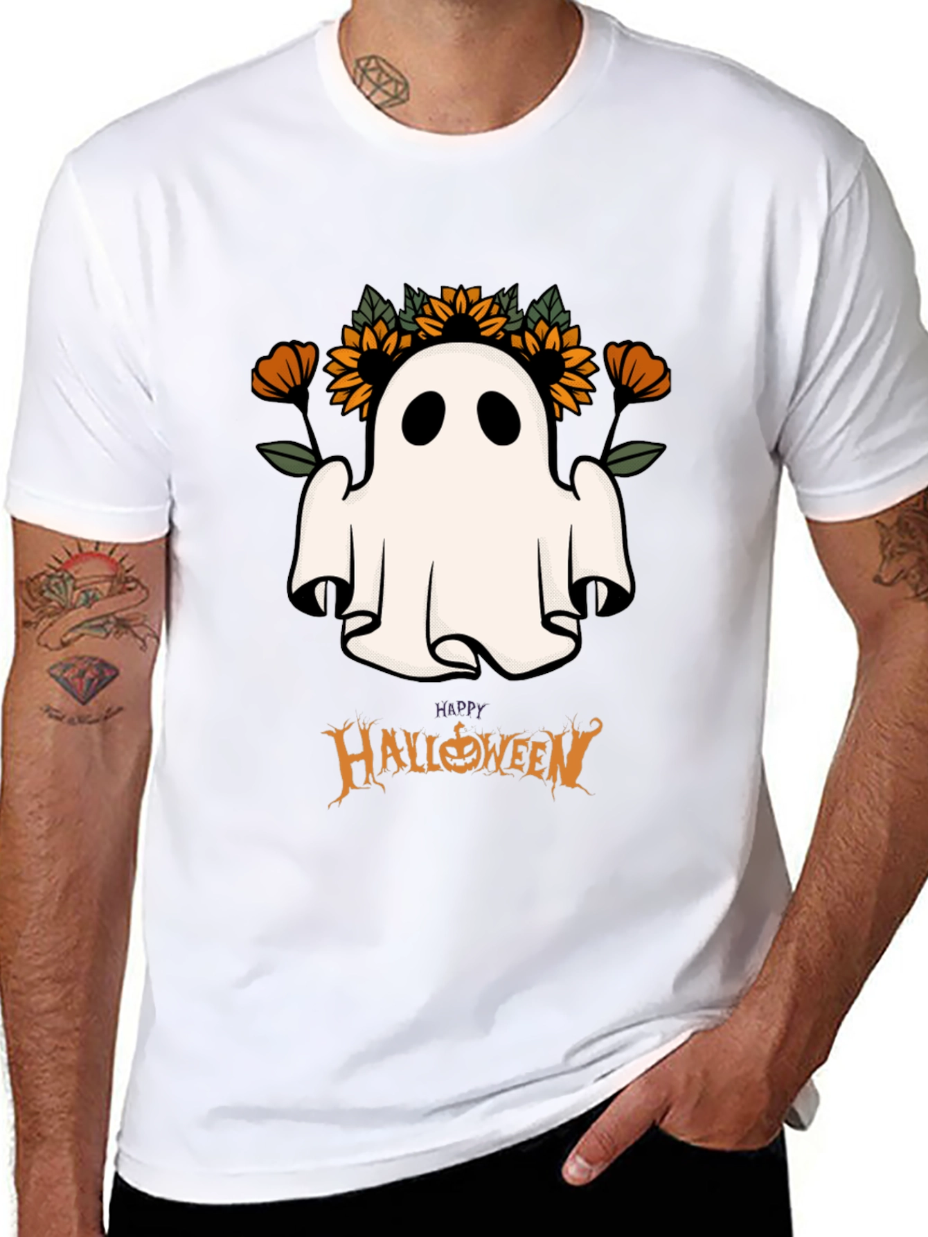 Halloween Ghost & Sunflower Graphic Tee