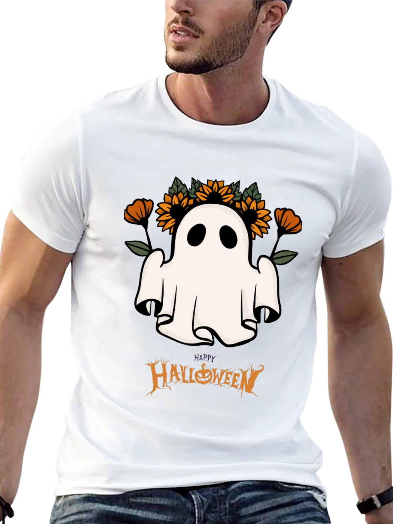 Halloween Ghost & Sunflower Graphic Tee