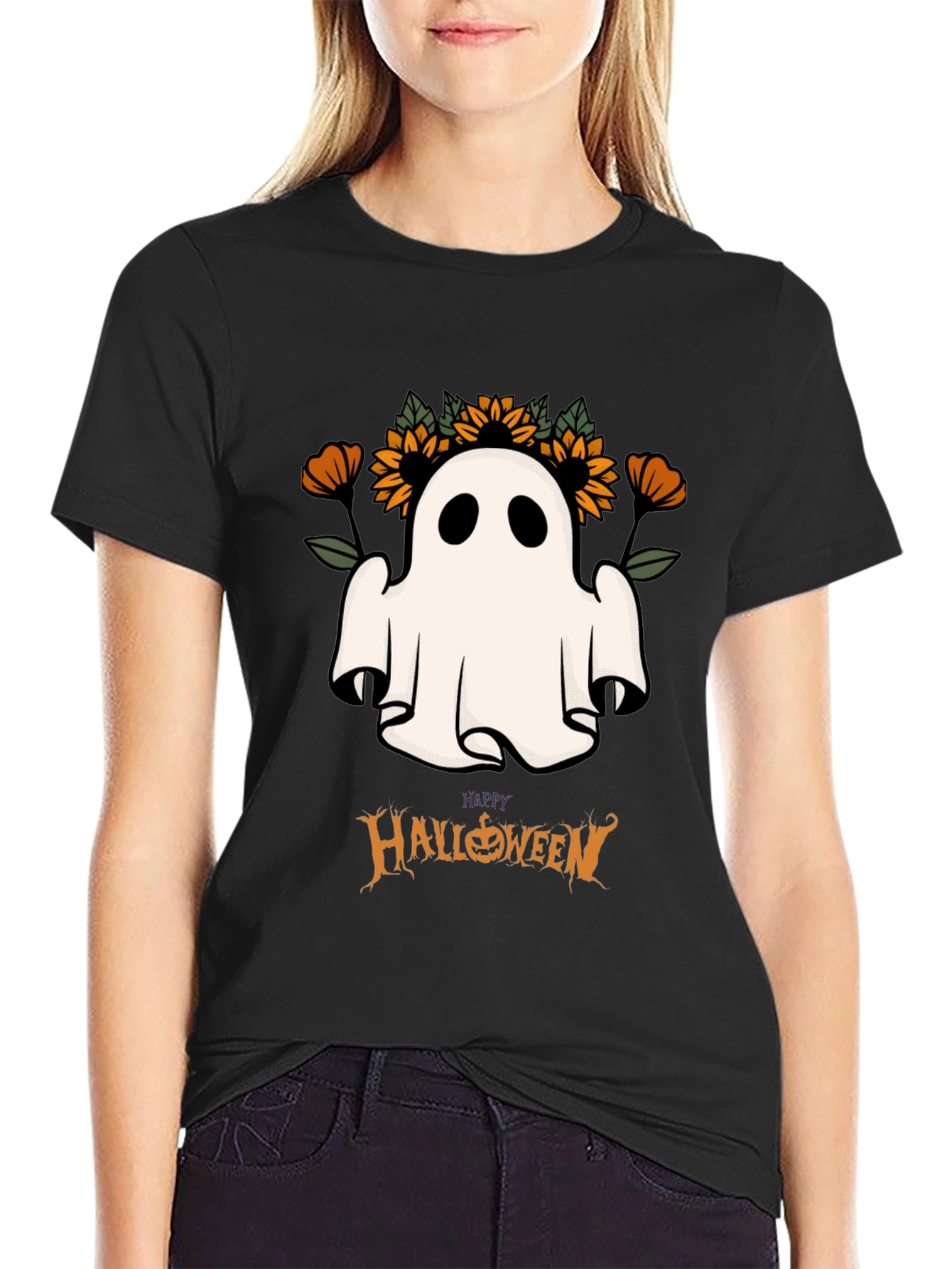 Halloween Ghost & Sunflower Graphic Tee