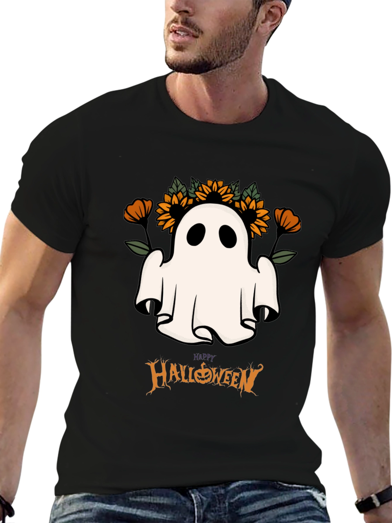 Halloween Ghost & Sunflower Graphic Tee