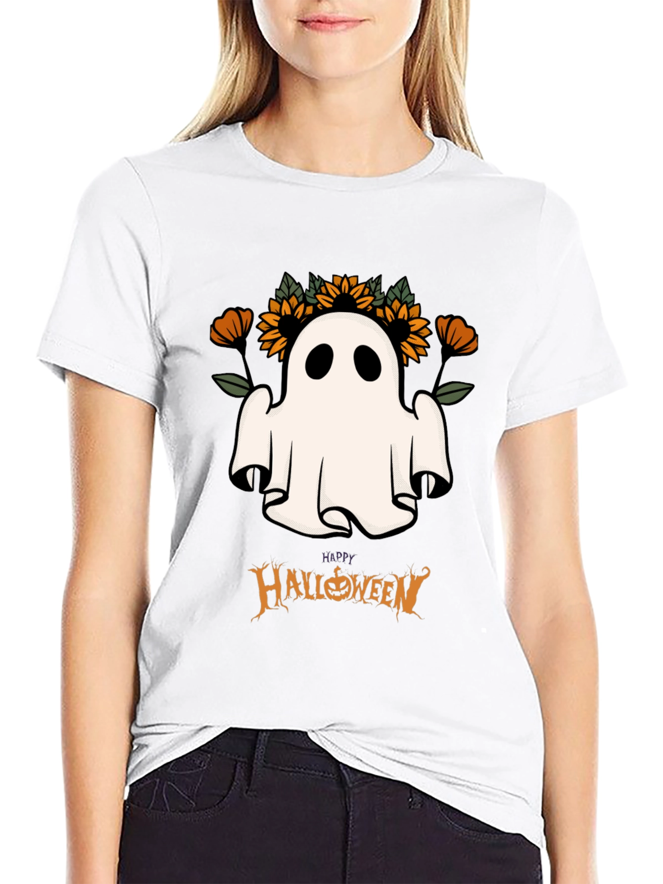 Halloween Ghost & Sunflower Graphic Tee