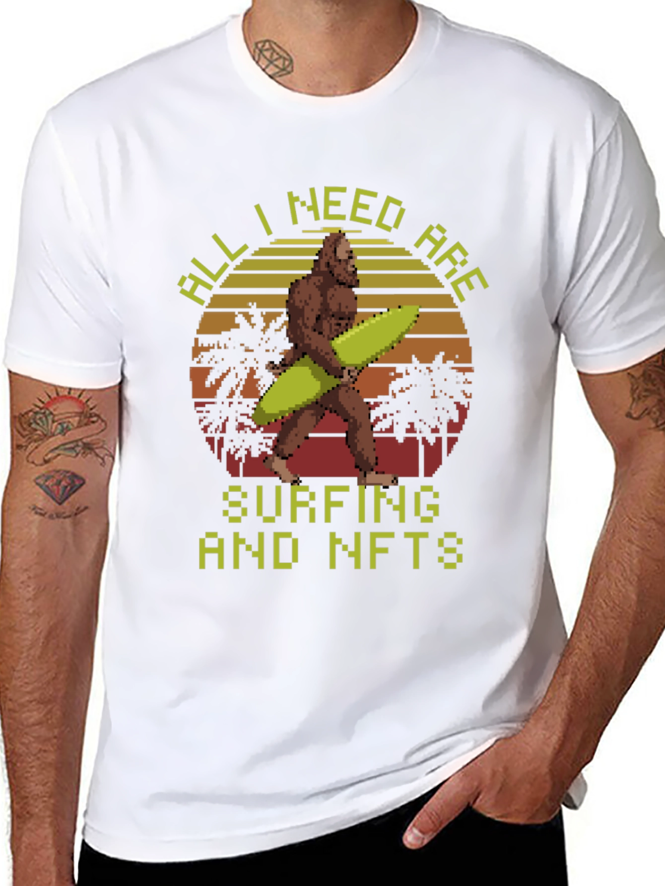 Surfing & NFTs Bigfoot Pixel Art Graphic T-Shirt