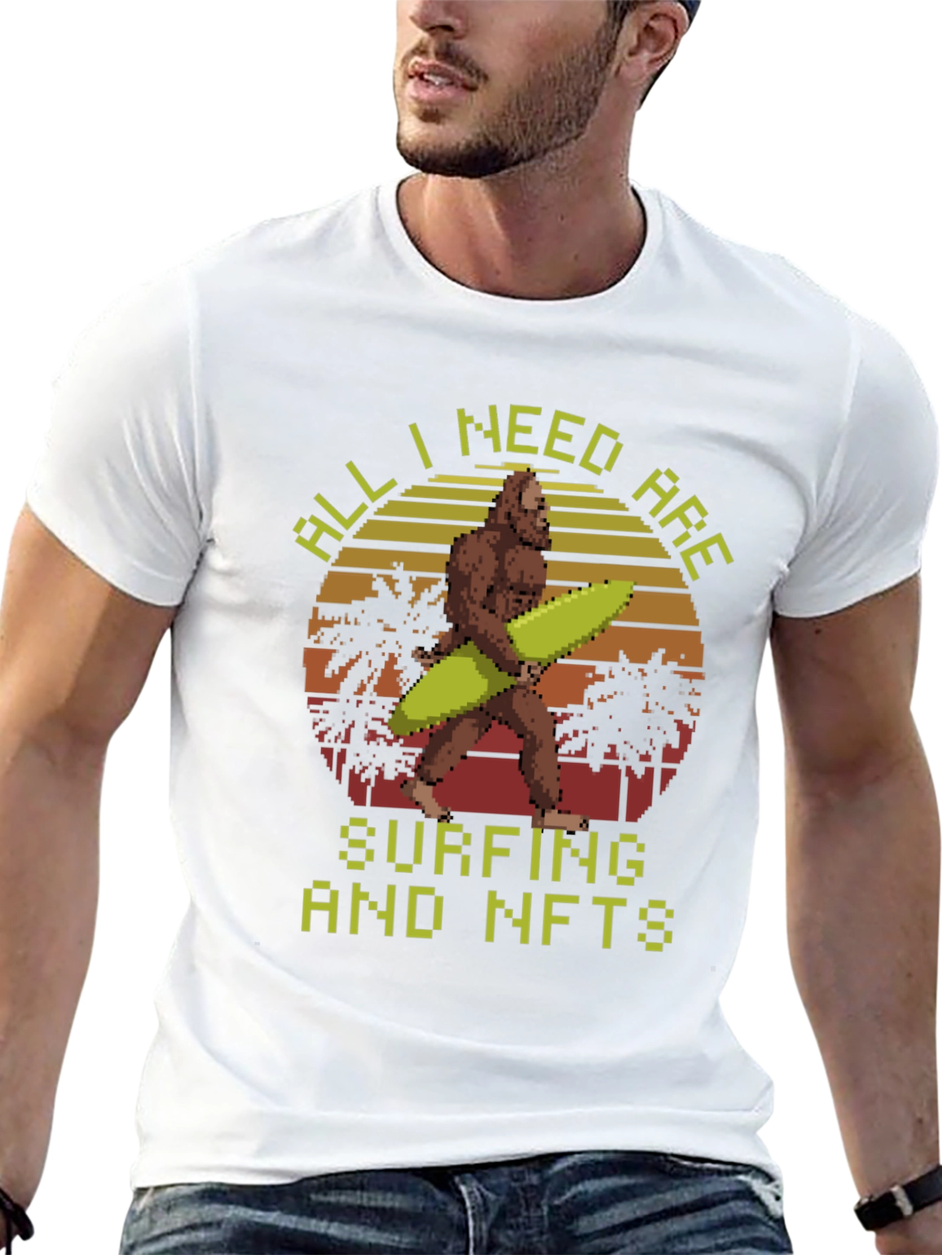 Surfing & NFTs Bigfoot Pixel Art Graphic T-Shirt