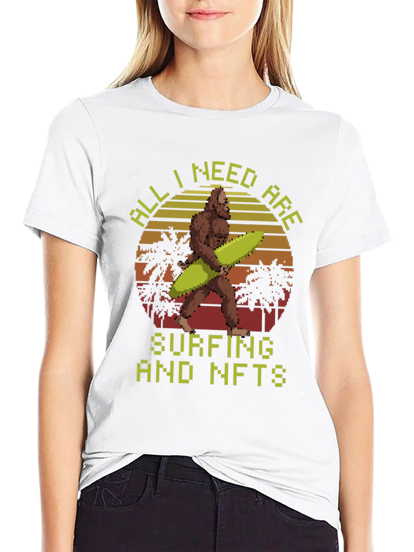 Surfing & NFTs Bigfoot Pixel Art Graphic T-Shirt