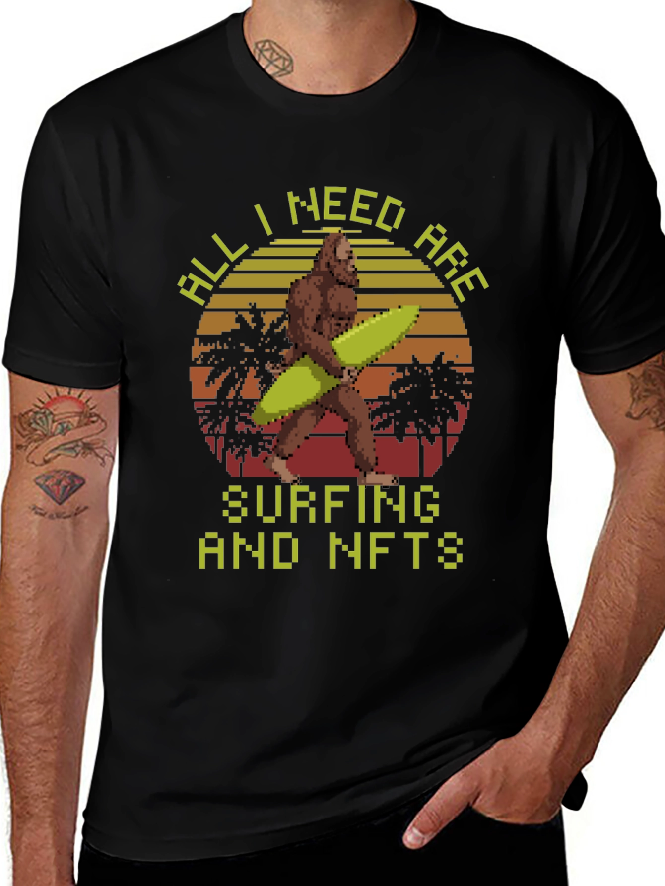 Surfing & NFTs Bigfoot Pixel Art Graphic T-Shirt