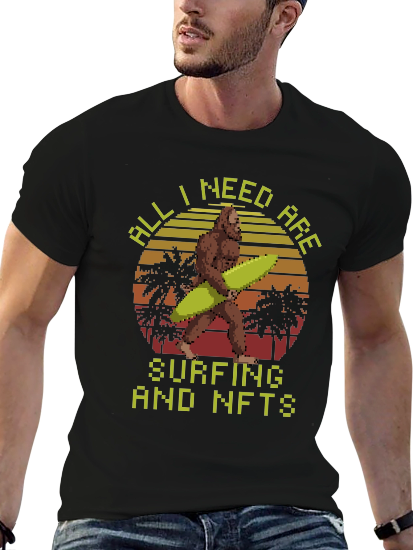 Surfing & NFTs Bigfoot Pixel Art Graphic T-Shirt