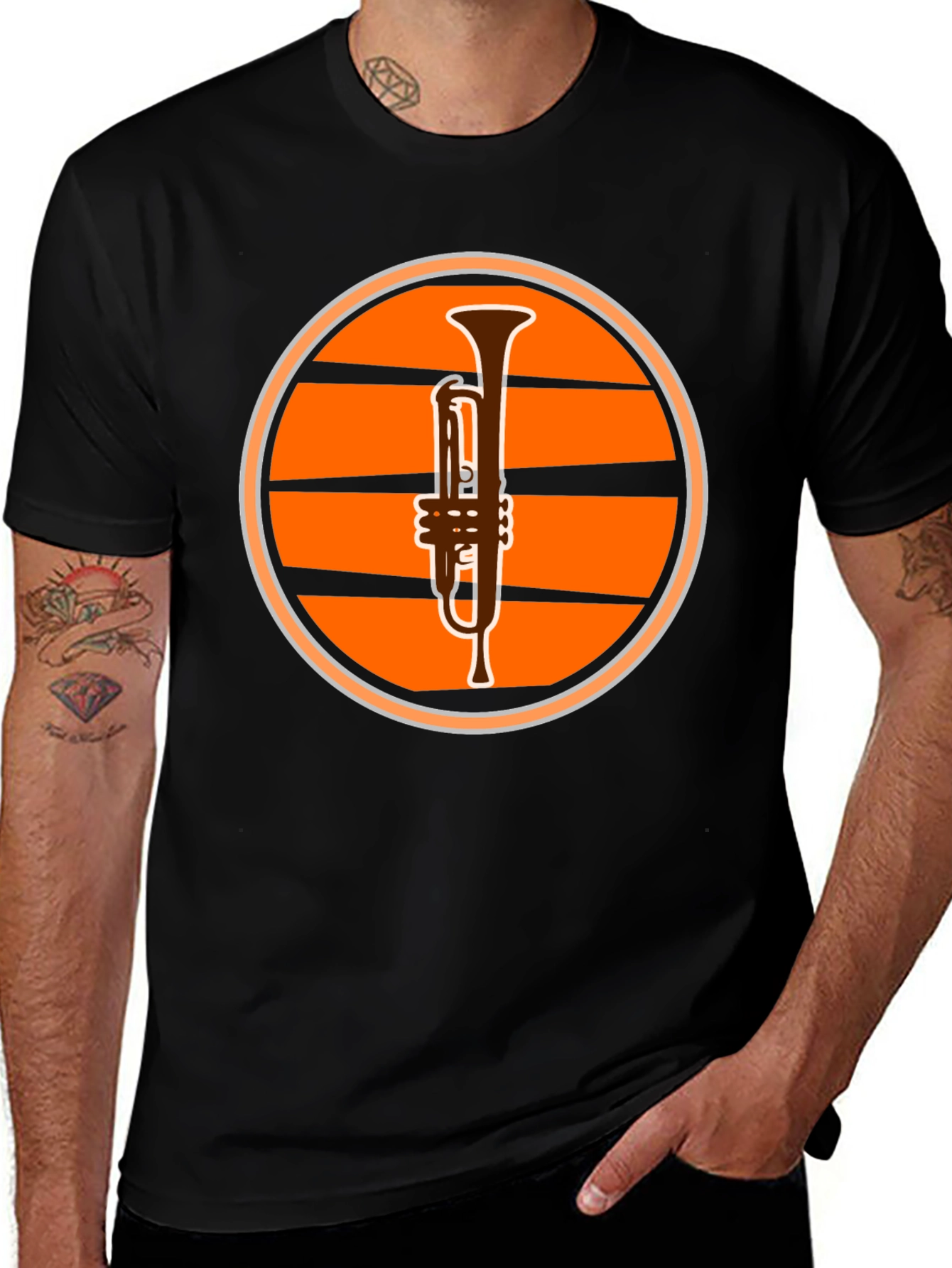 Trumpet Sunset Graphic Tee - Black Casual T-Shirt