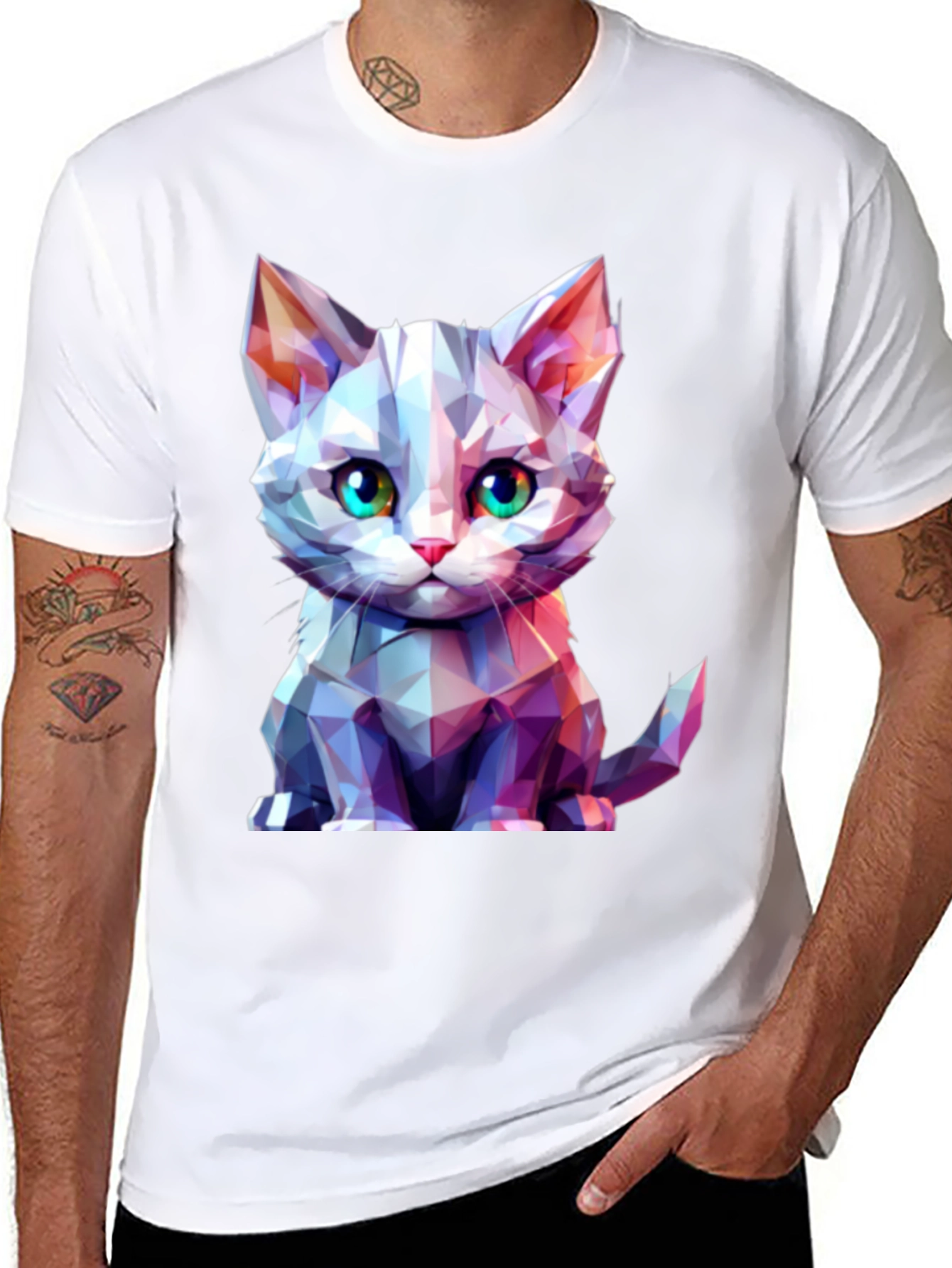 Geometric Cat Graphic Tee - Stylish Mens Black T-Shirt