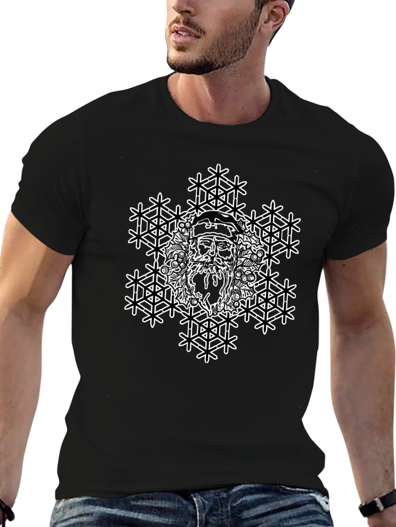 Santa Snowflake Graphic Tee - Black