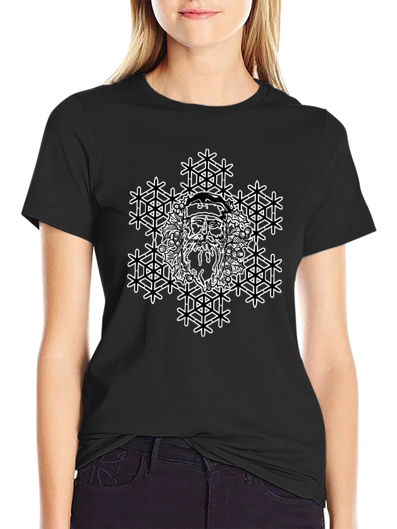 Santa Snowflake Graphic Tee - Black