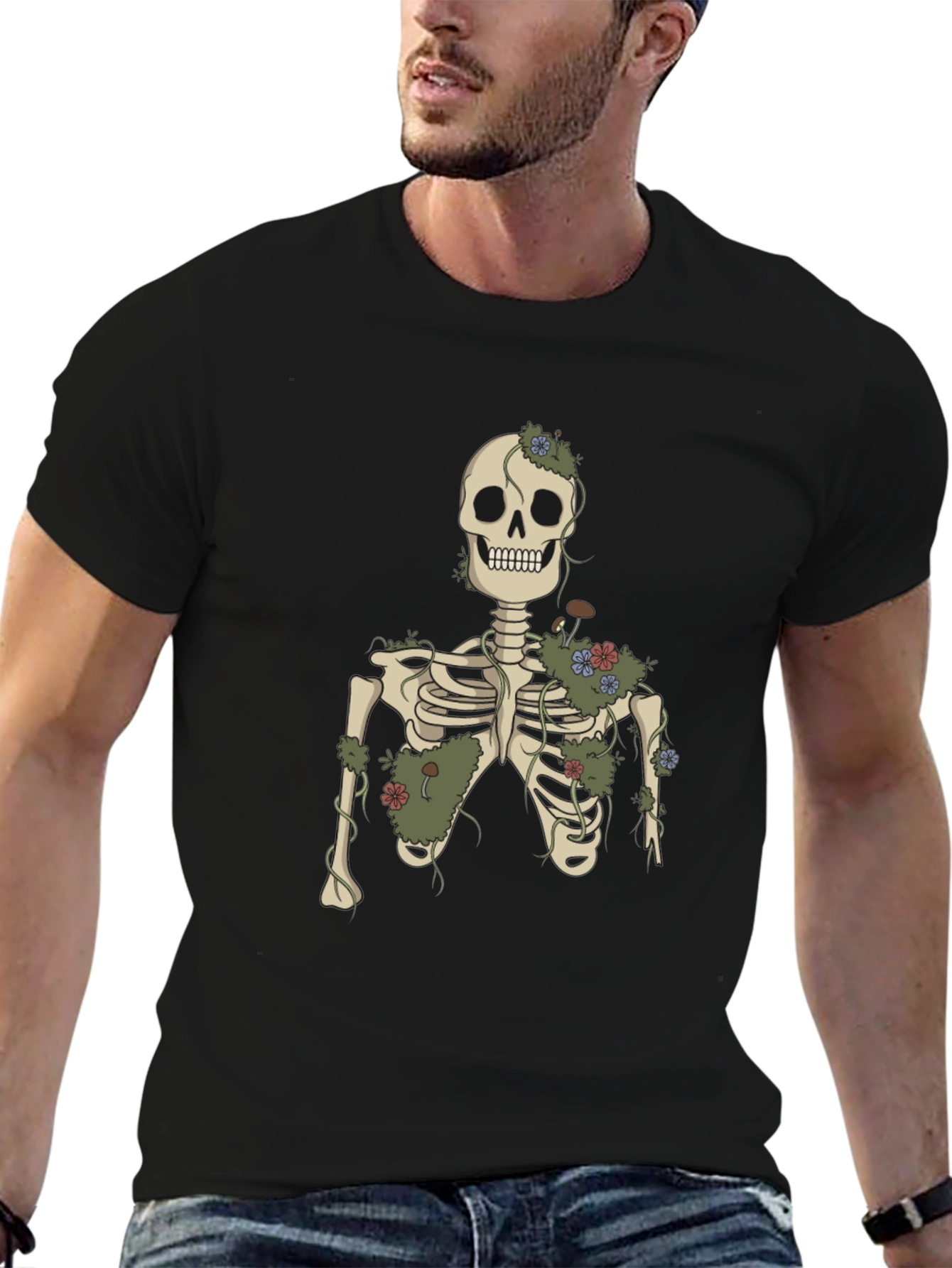 Floral Skeleton Graphic Tee - Black Cotton