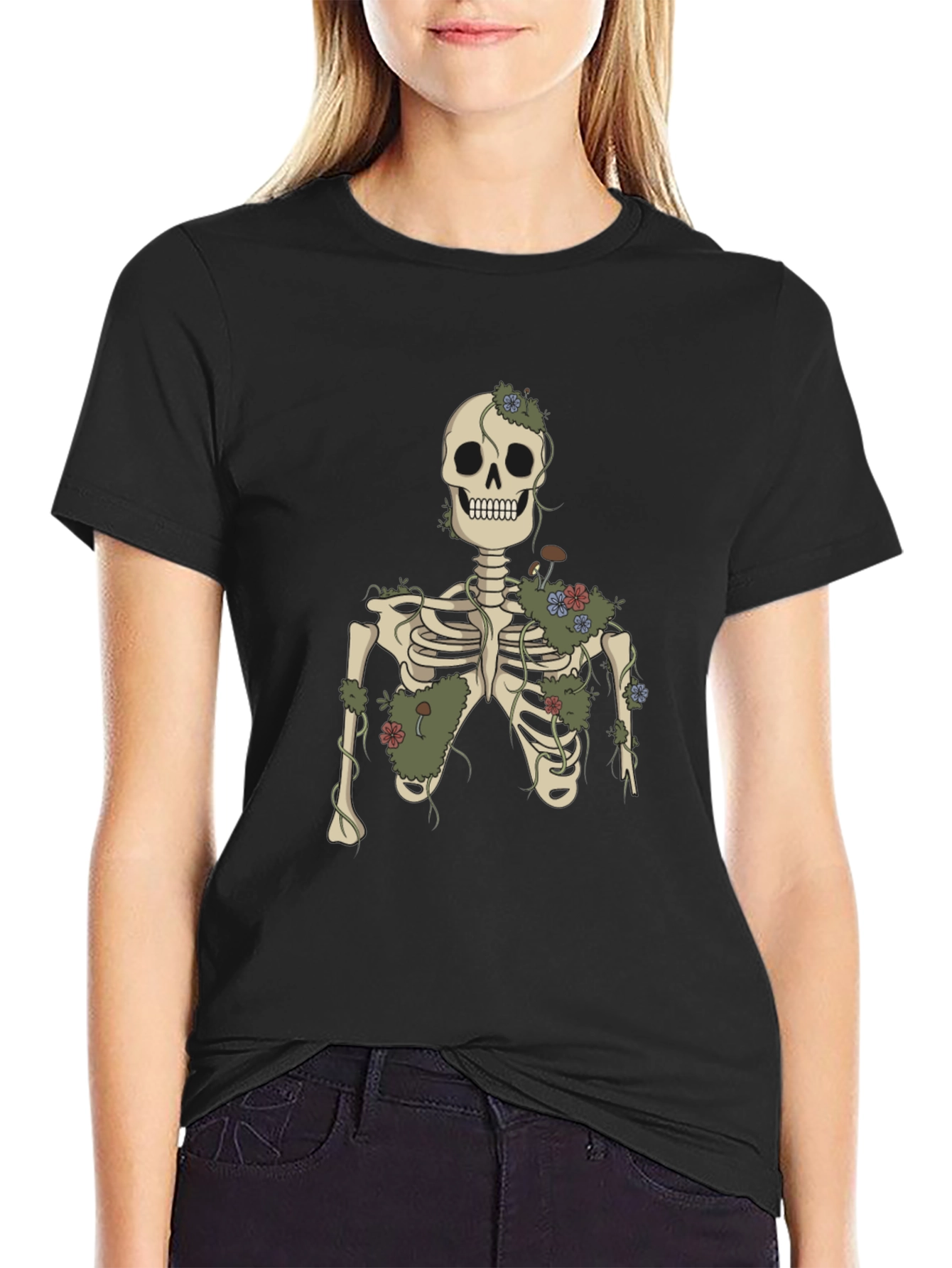 Floral Skeleton Graphic Tee - Black Cotton