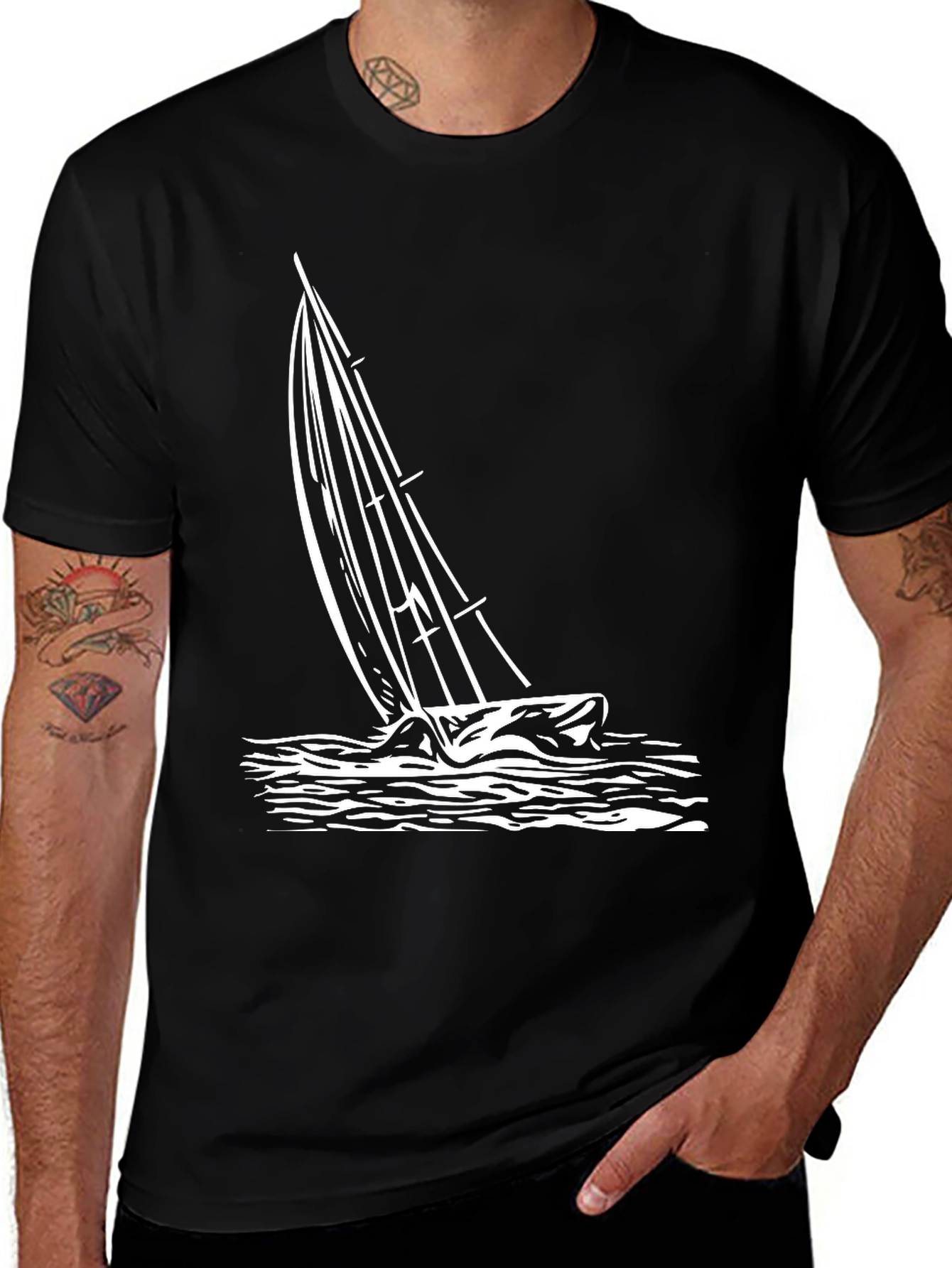 Mens Black Sailboat Graphic T-Shirt
