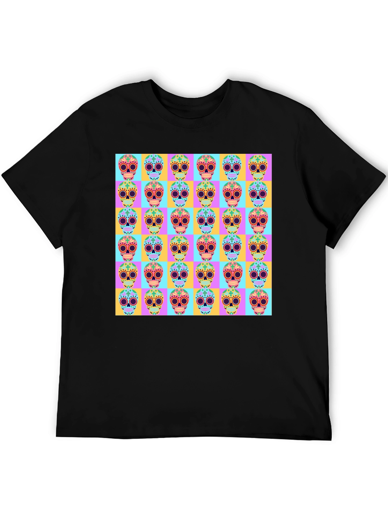 Skull Pattern Graphic Tee - Mens Black T-Shirt