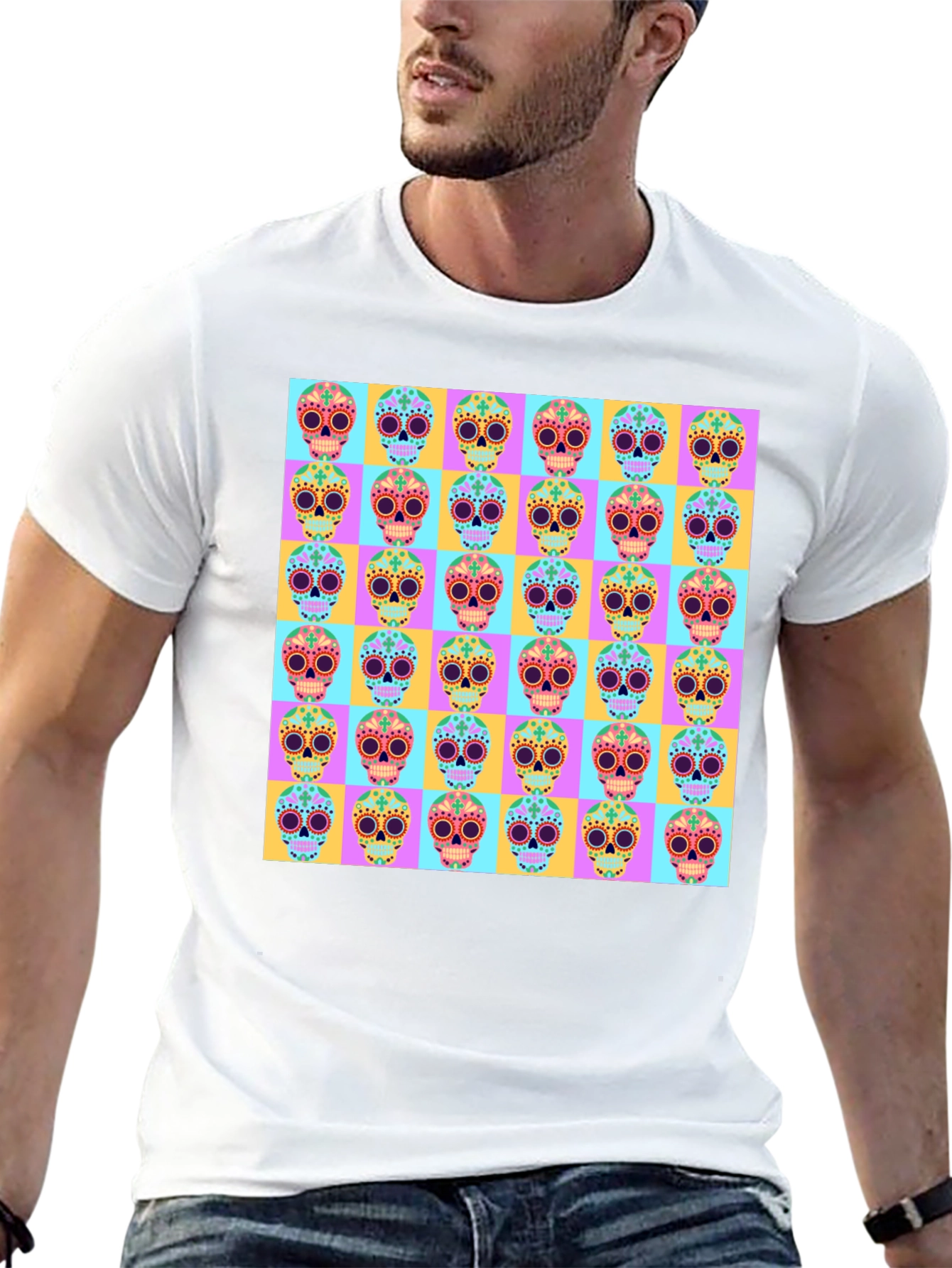 Skull Pattern Graphic Tee - Mens Black T-Shirt