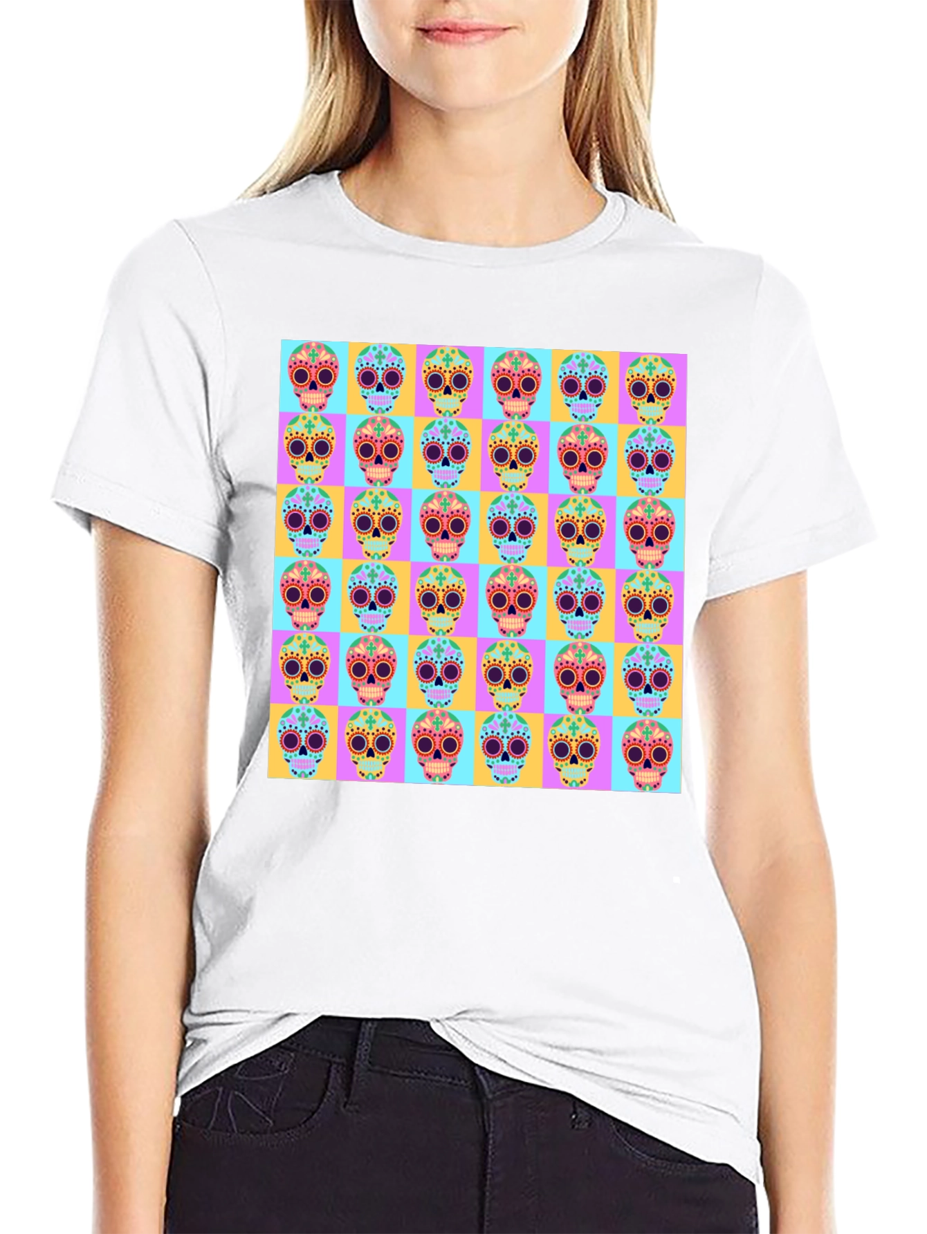 Skull Pattern Graphic Tee - Mens Black T-Shirt