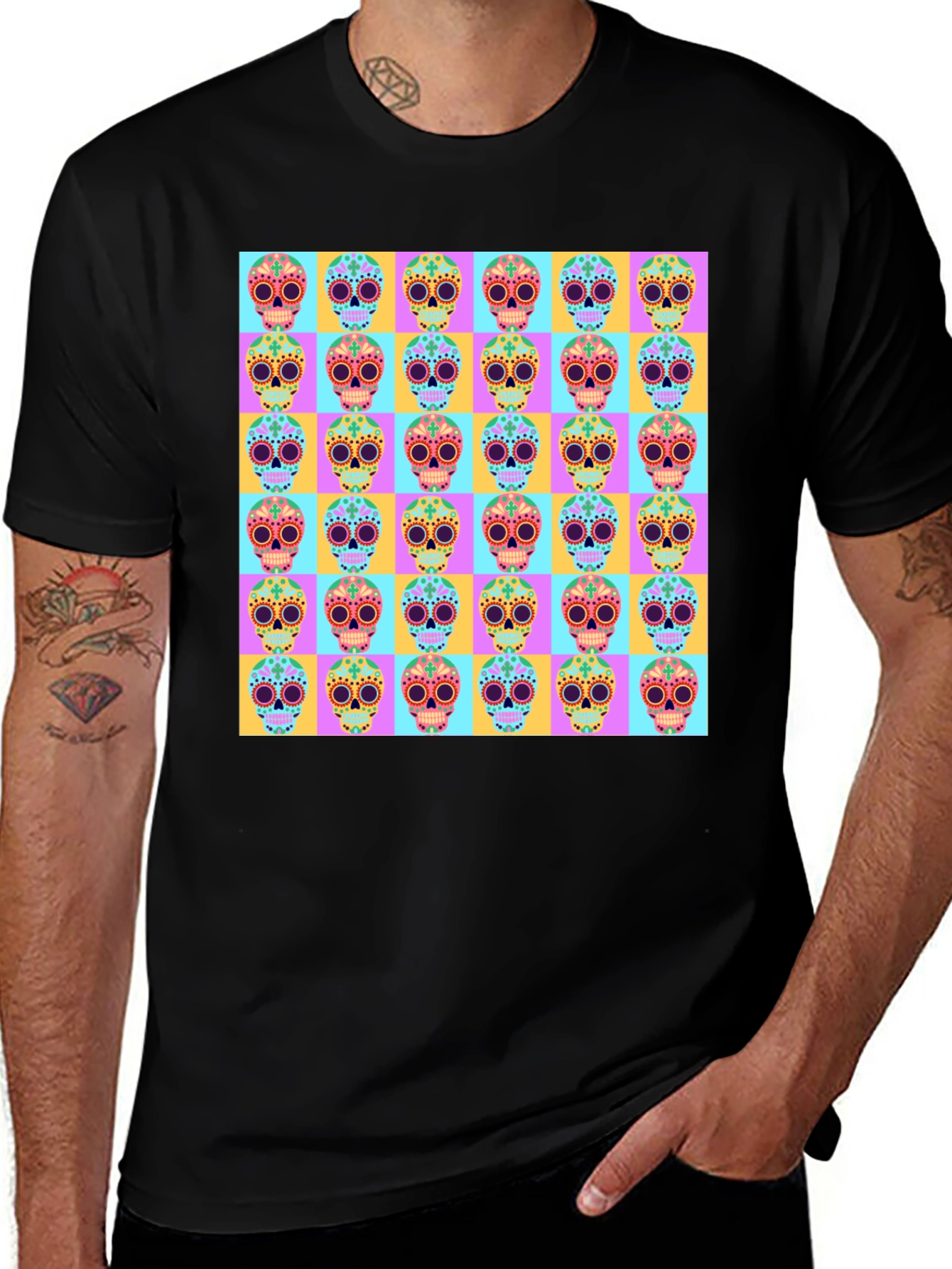 Skull Pattern Graphic Tee - Mens Black T-Shirt