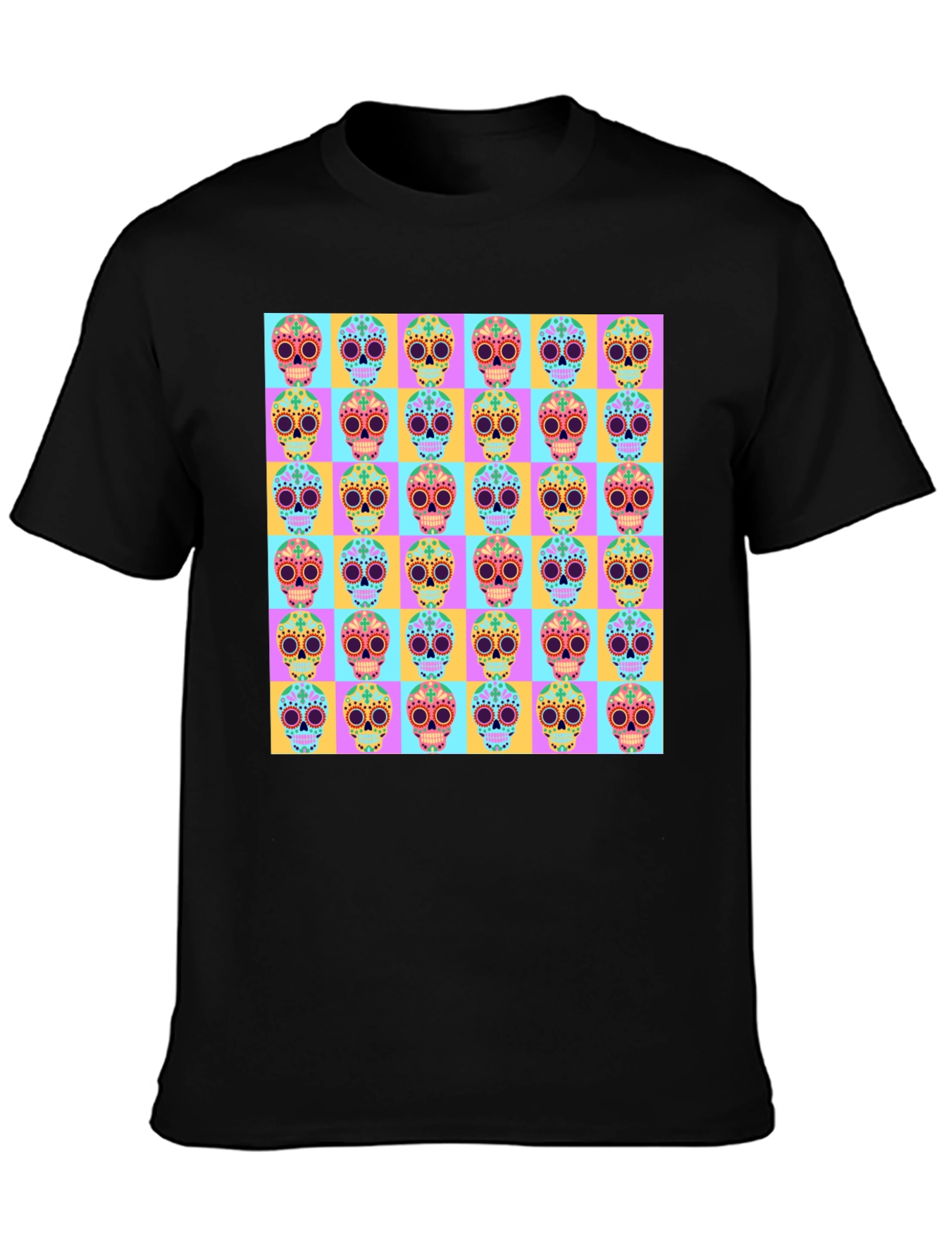Skull Pattern Graphic Tee - Mens Black T-Shirt
