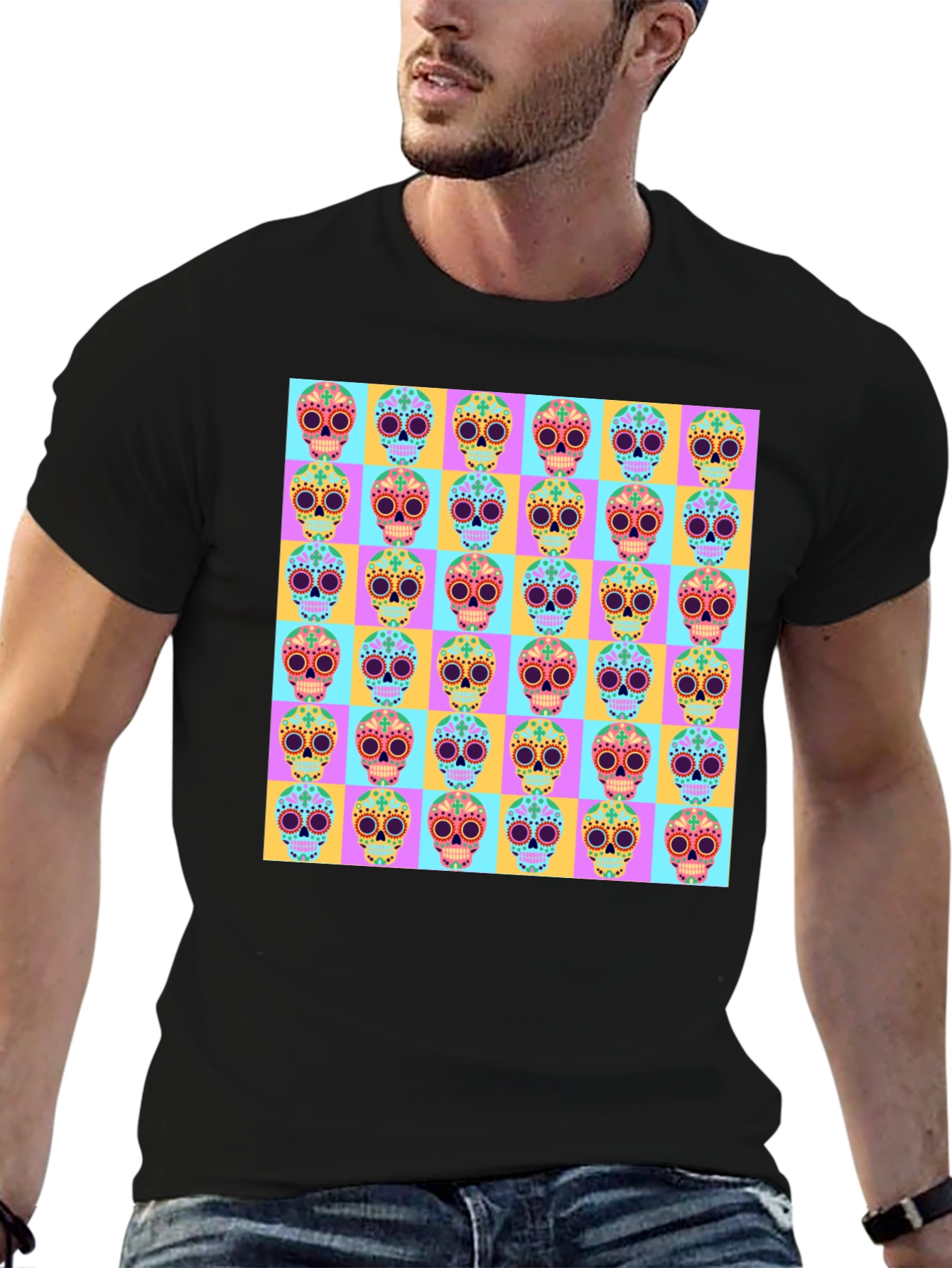 Skull Pattern Graphic Tee - Mens Black T-Shirt